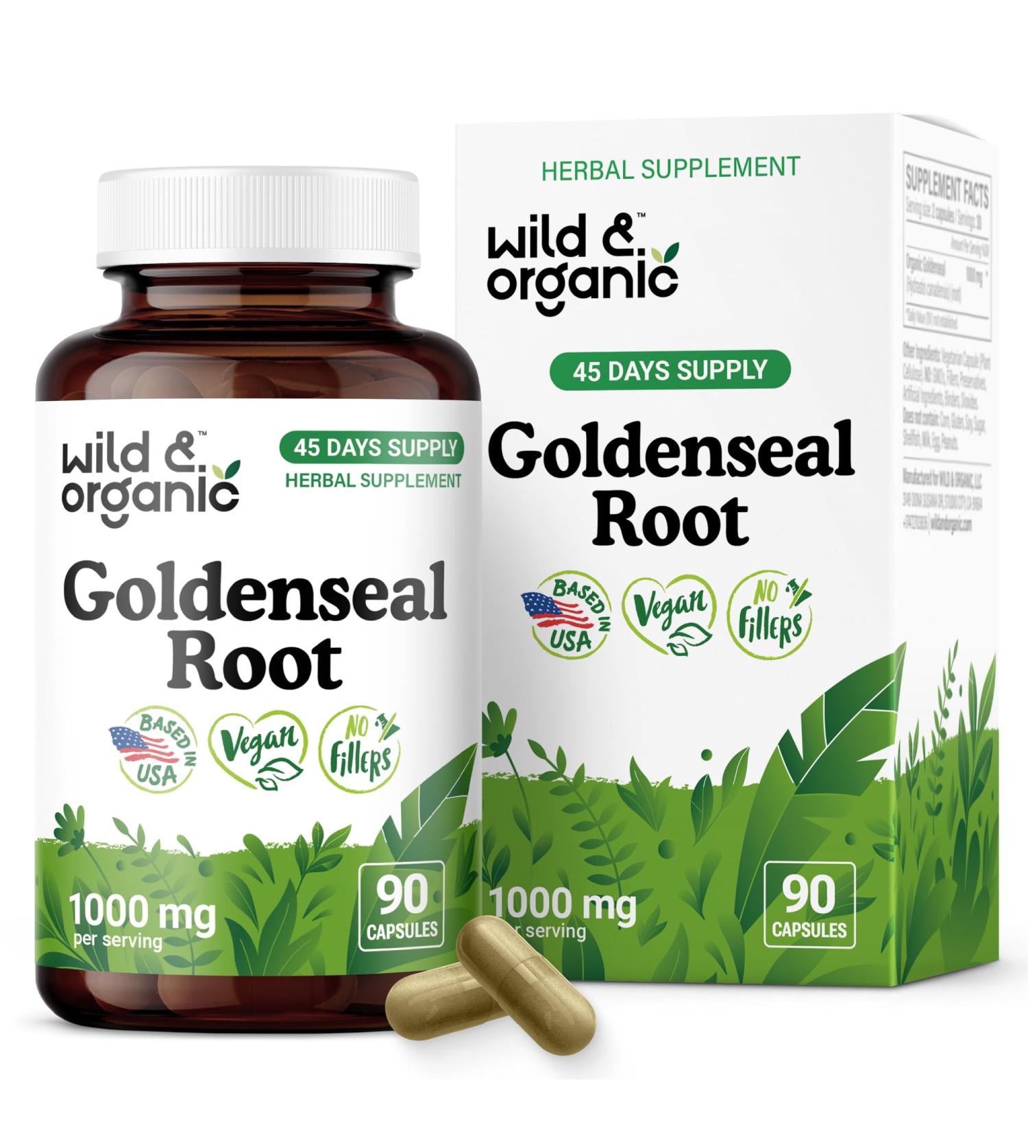 Wild & Organic Goldenseal Root Capsules 1000mg - Immune & Lung Support - 90 Goldenseal Root Powder Capsules - 45 Days Supply - Vegan No Fillers Non-GMO 90 Count (Pack of 1) - Buy Online on GoSupps.com