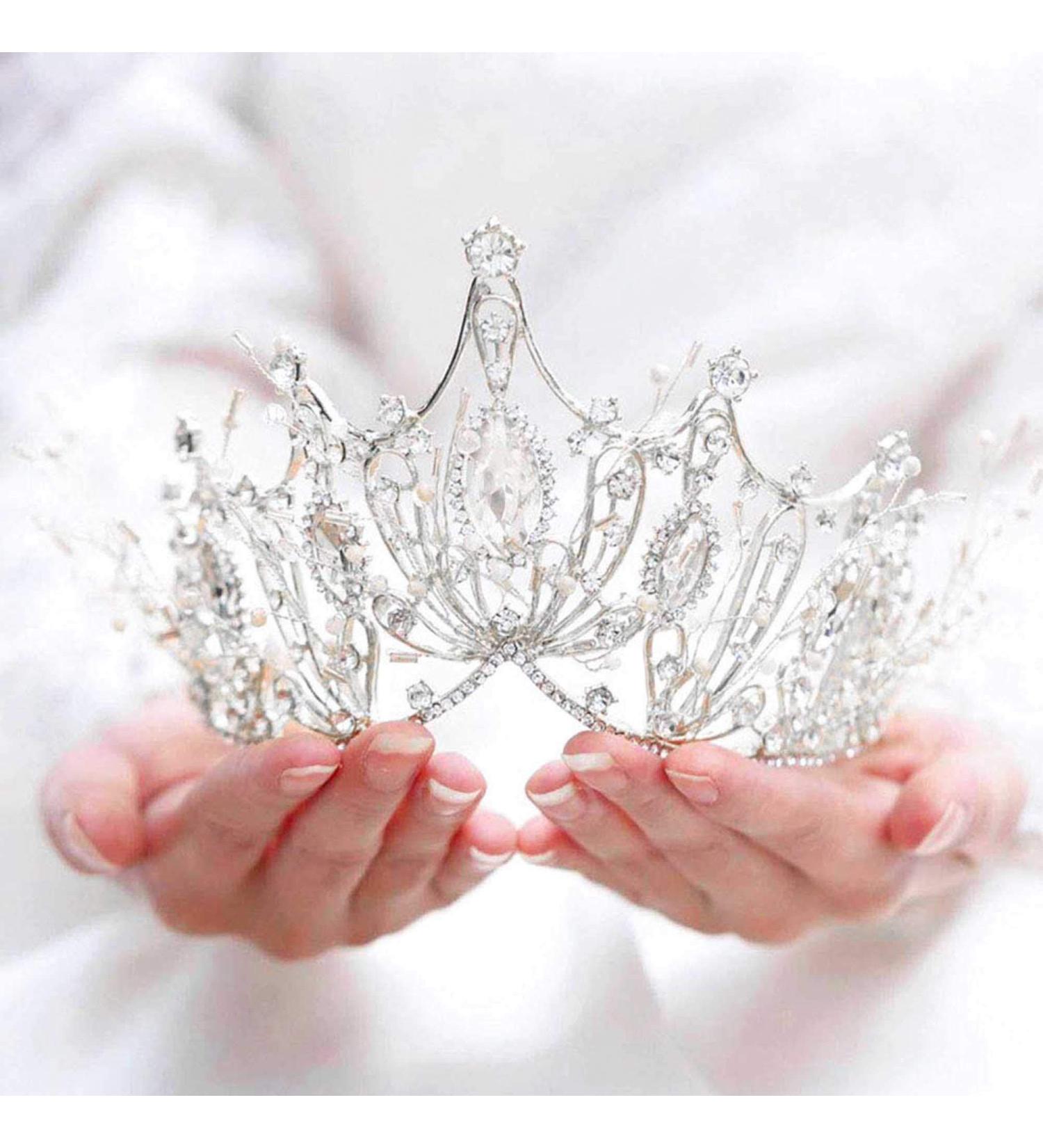 Catery Silver Baroque Queen Crown and Tiara - Crystal Pearl Wedding Tiara for Bride - Rhinestone Princess Tiara for Women and Girls - Buy Online on GoSupps.com