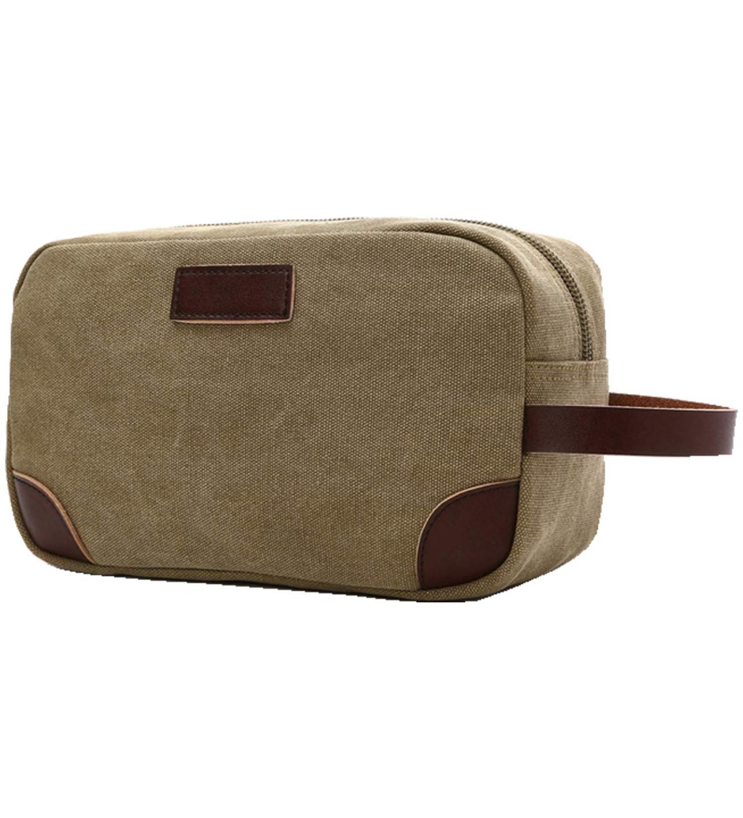 IBLUE Leather and Canvas Toiletry Bag Travel Dopp Kit Organizer - Khaki - Buy Online on GoSupps.com