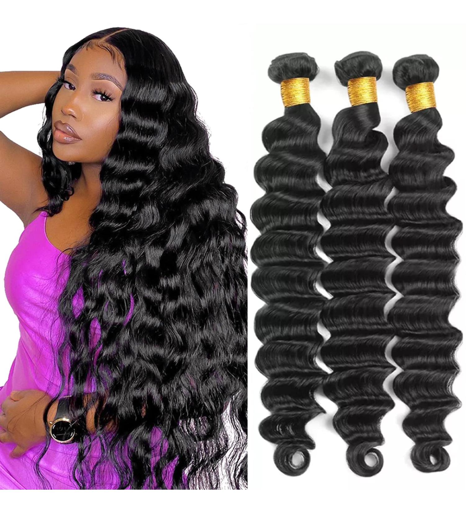 Brazilian Loose Deep Wave Human Hair Bundles - 26 28 30 Inches, Natural Black Color - Bundle Deal for Human Hair Extensions - Buy Online on GoSupps.com