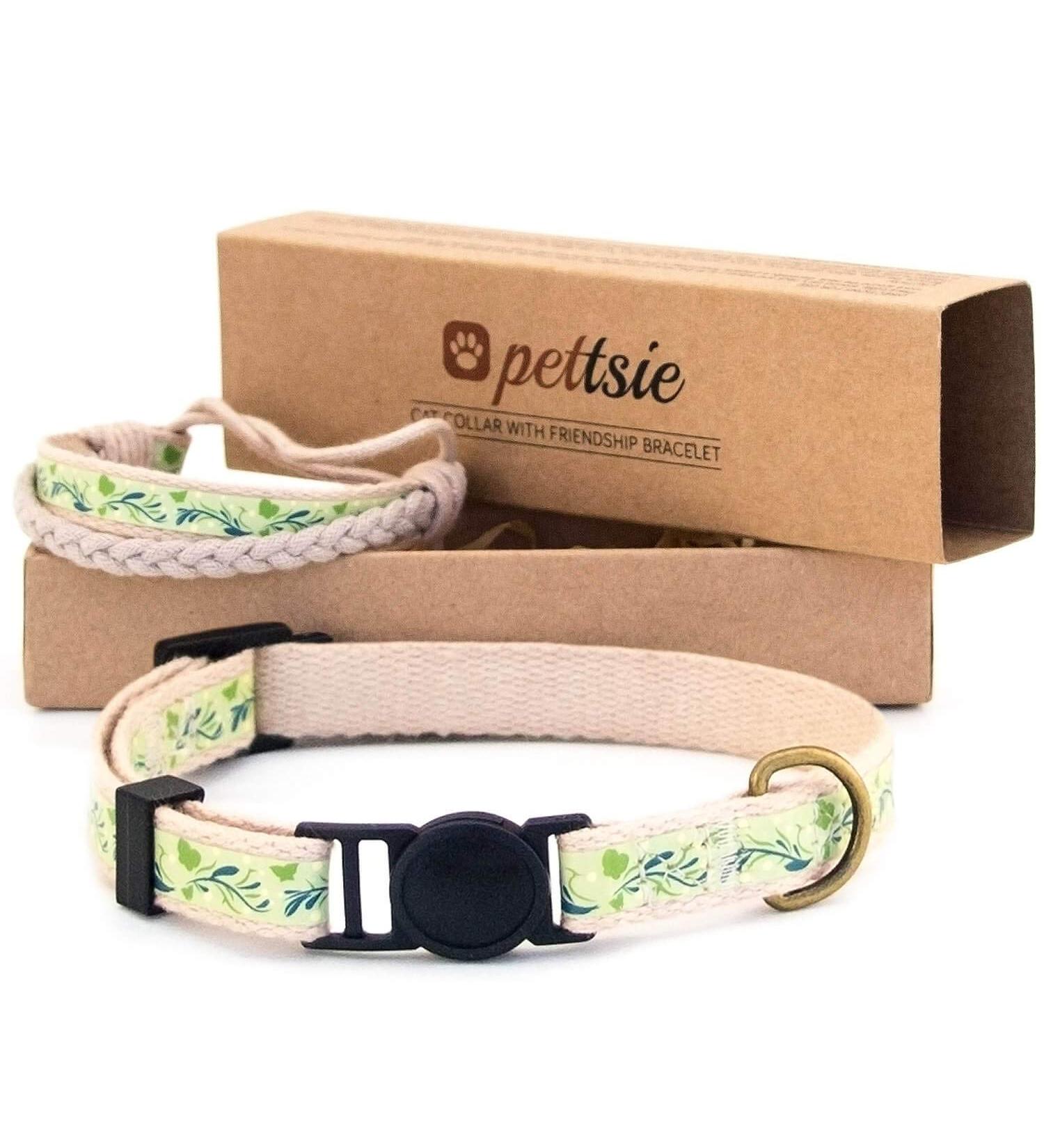 Pettsie Cat Collar Breakaway & Friendship Bracelet Set | Eco-Friendly Gift Box | D-Ring for Accessories | 100% Cotton | Adjustable Green Design - Buy Online on GoSupps.com