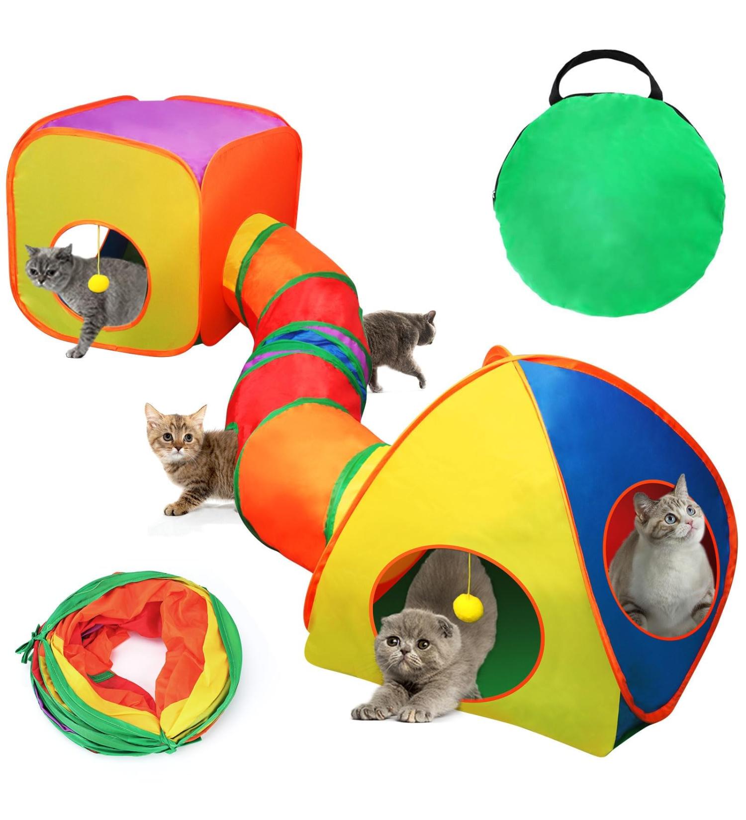 Mfsdai 3-in-1 Cat Toy Set: Tunnel, Cube, Tent | Interactive Maze Toy for Cats, Puppy, Rabbit | Foldable & Portable | Rainbow Color - Buy Online on GoSupps.com