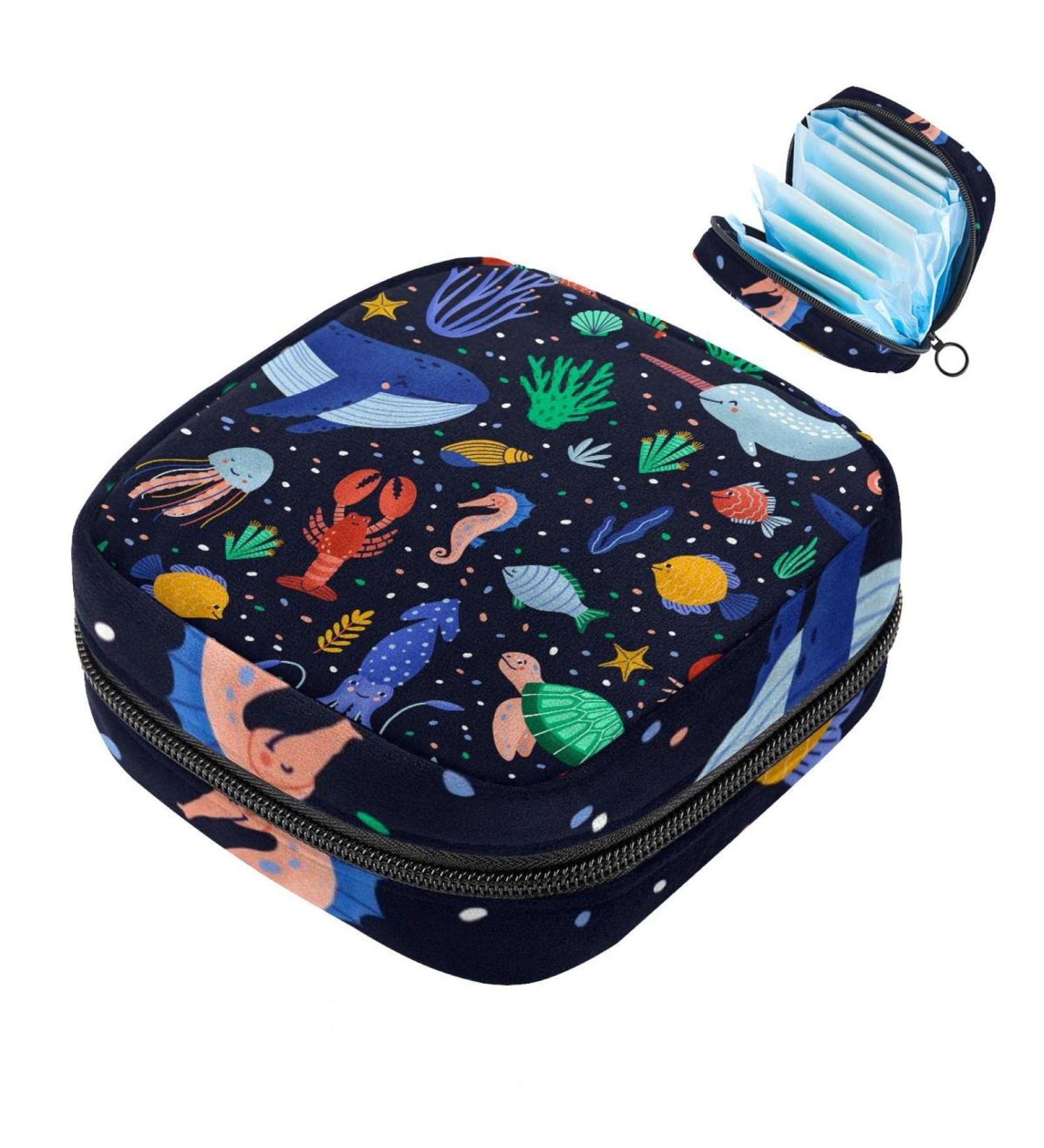 Menstruation Pad Bag with Zipper | Women's Tampon & Napkin Collection Bags - Happy Sea Animals Design - Buy Online on GoSupps.com