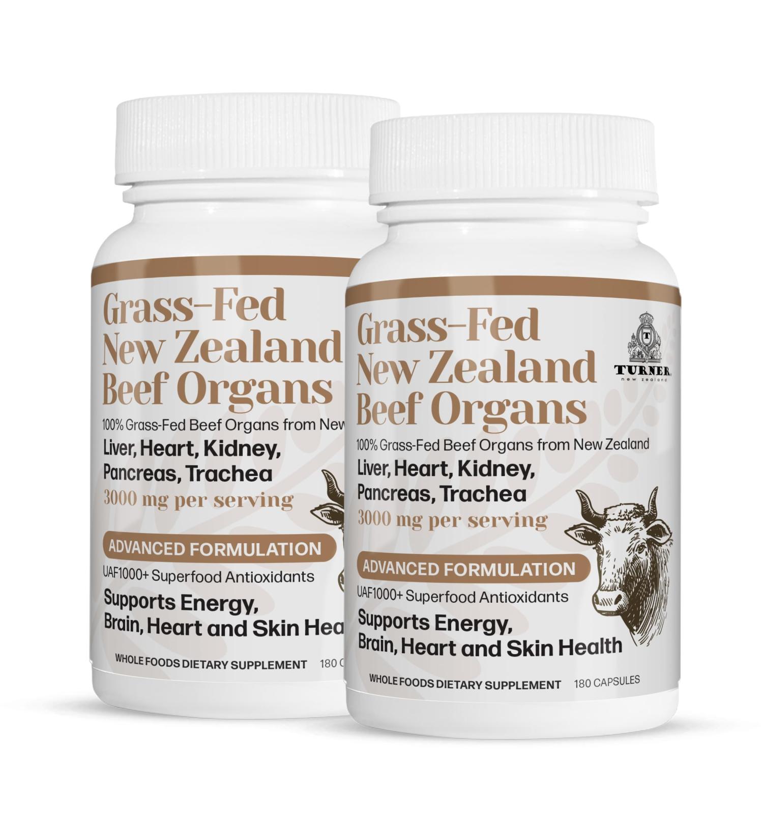 TURNER New Zealand 100% Live-Grass-Fed Beef Organs Complex Supports Whole Body Wellness and Energy with a Powerful Blend of Liver Heart Kidney Pancreas & Trachea Non-GMO 3000mg 360 Capsules