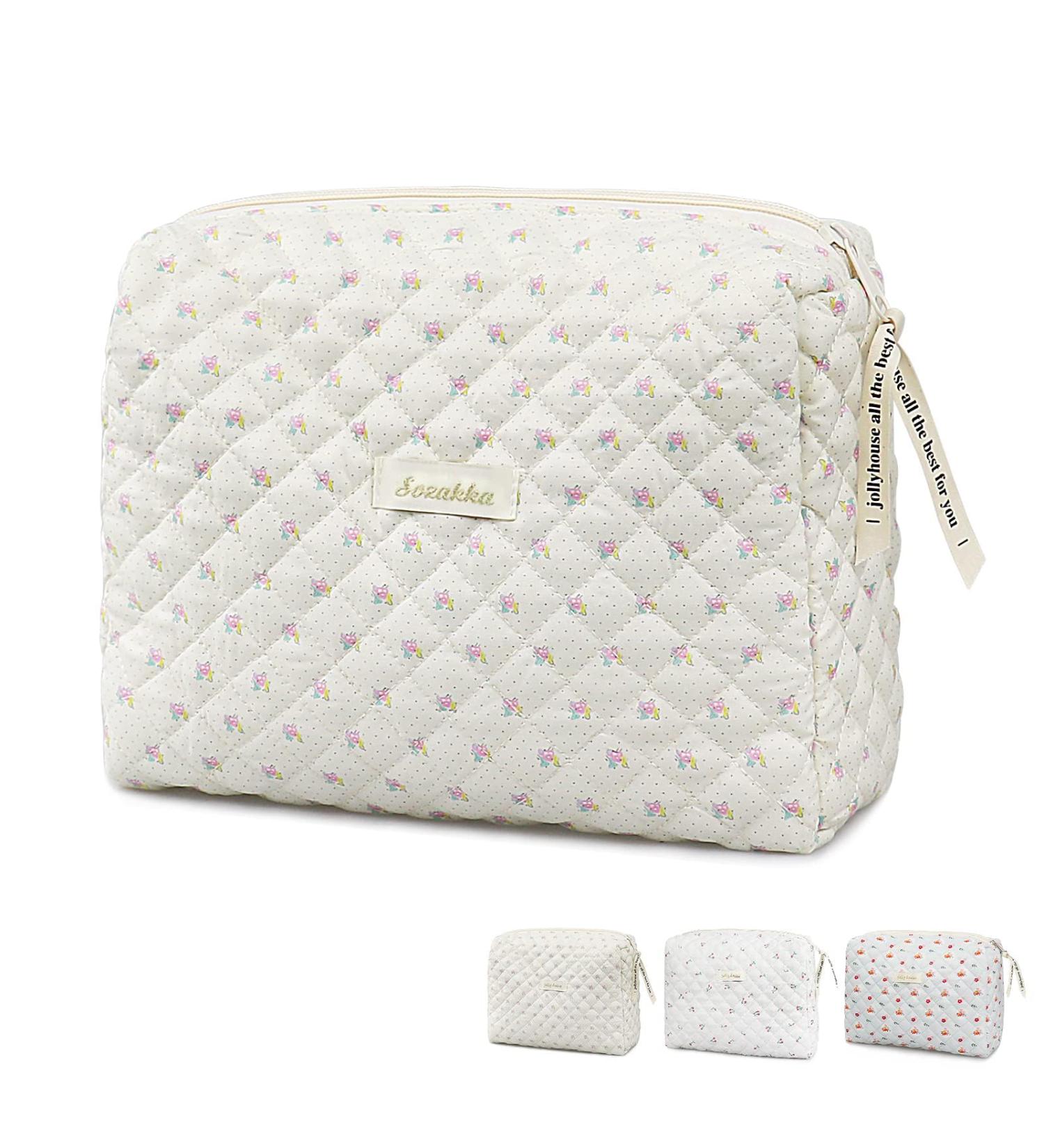 Floral Cotton Travel Toiletry Bag | Portable Makeup Storage for Women | Flower-Beige Cosmetic Bag - Buy Online on GoSupps.com