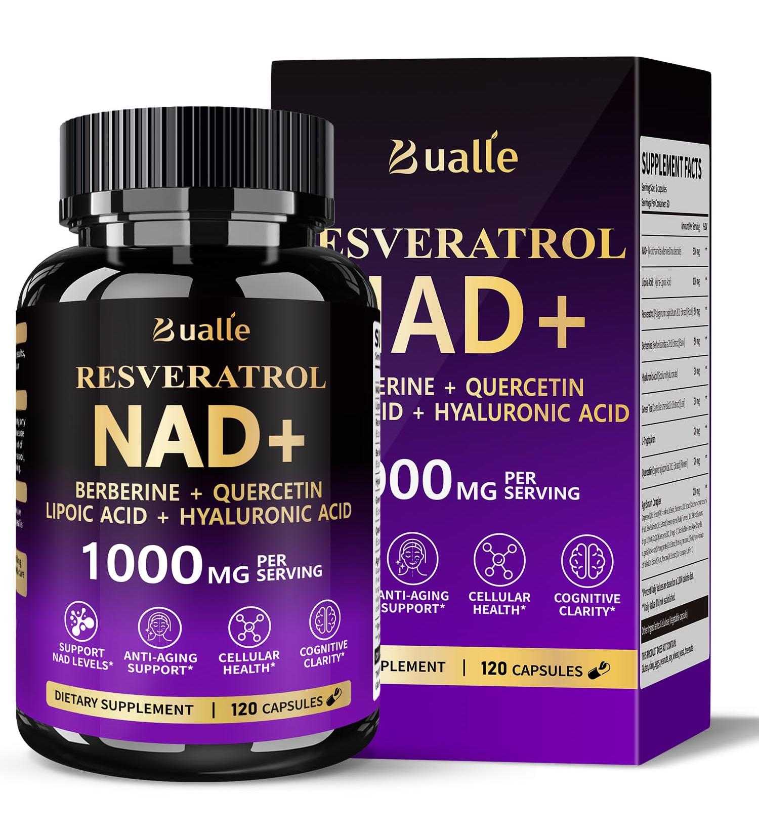 Bualle NAD Supplement Liposomal NAD Resveratrol Supplement Contains Berberine Alpha Lipoic Acid Hyaluronic Acid & Quercetin - Joint Function& Support Anti-Aging NMN Alternative -120 Capsules 120 Count (Pack of 1) - Buy Online on GoSupps.com
