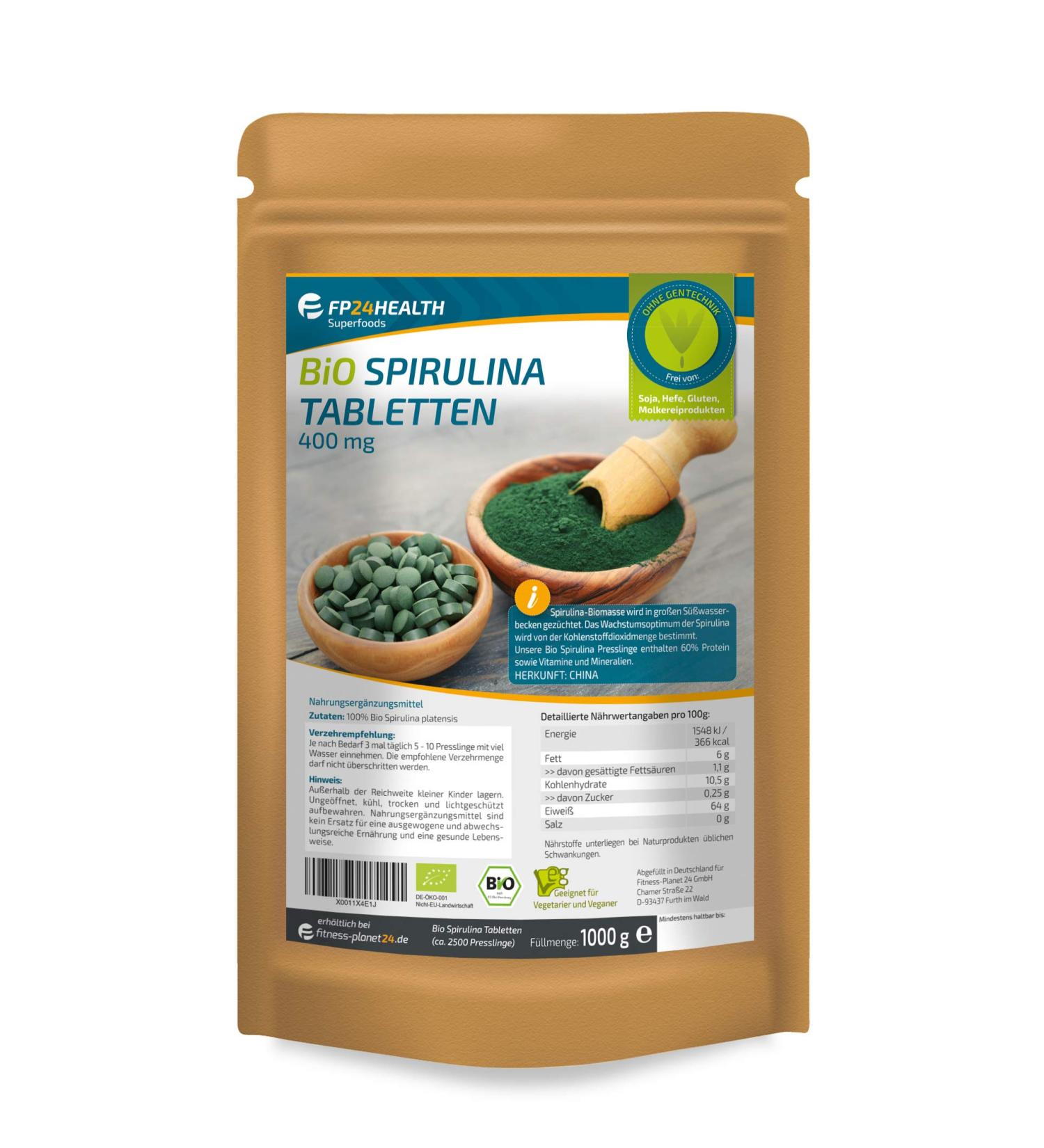 FP24 Health Bio Spirulina 2500 tablets - 400mg per tablet - Plantensis - in zip bag - 1000g pellets - top quality