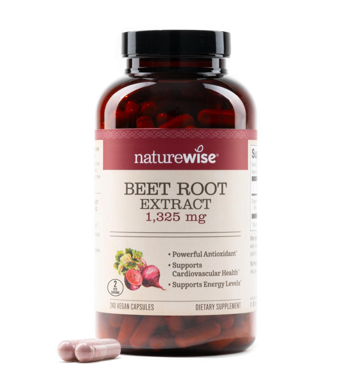 NatureWise Beet Root Capsules 1300mg - Organic Nitric Oxide Booster for Heart Health | Vegan Gluten-Free Non-GMO | 240 Capsules (4-Month Supply - Buy Online on GoSupps.com