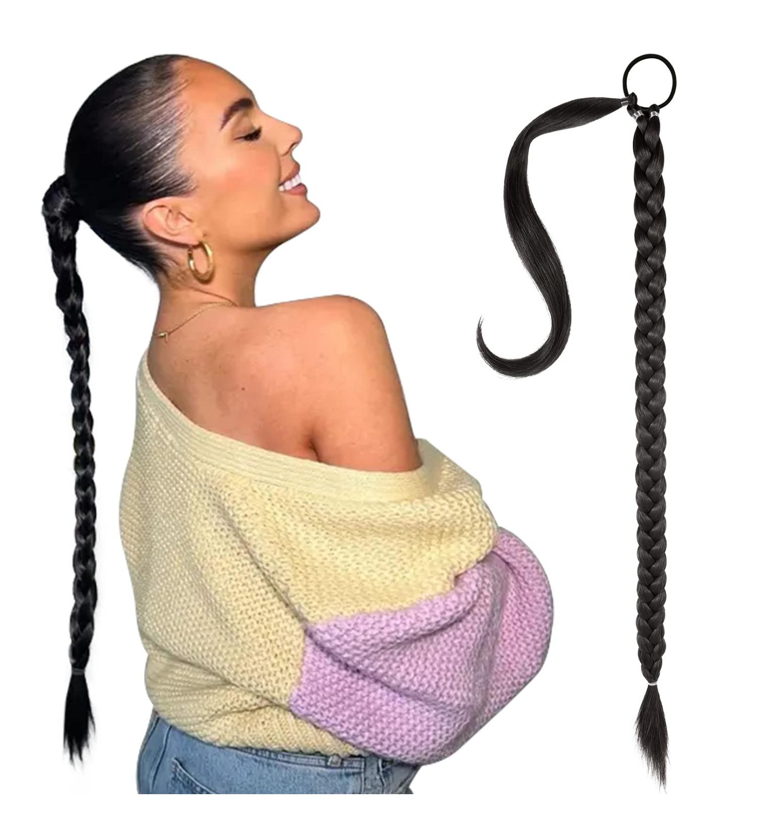 YOGFIT Long Braided Ponytail Extension - Black 28 Inch | Synthetic Hair Wrap Around Ponytail for Women - Buy Online on GoSupps.com