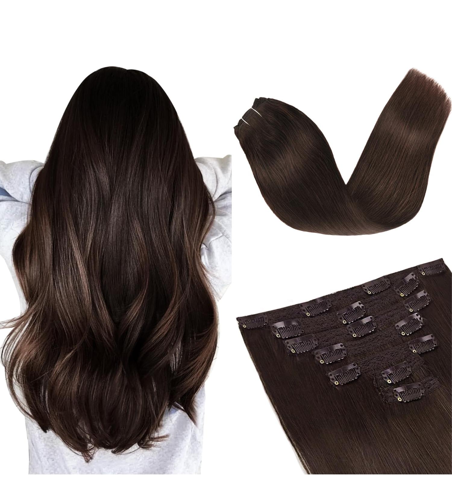 Vlasy Clip in Hair Extensions 16 Inch 2# Chocolate Brown - 7 Piece Seamless Real Human Hair Clip ins for Women - Buy Online on GoSupps.com