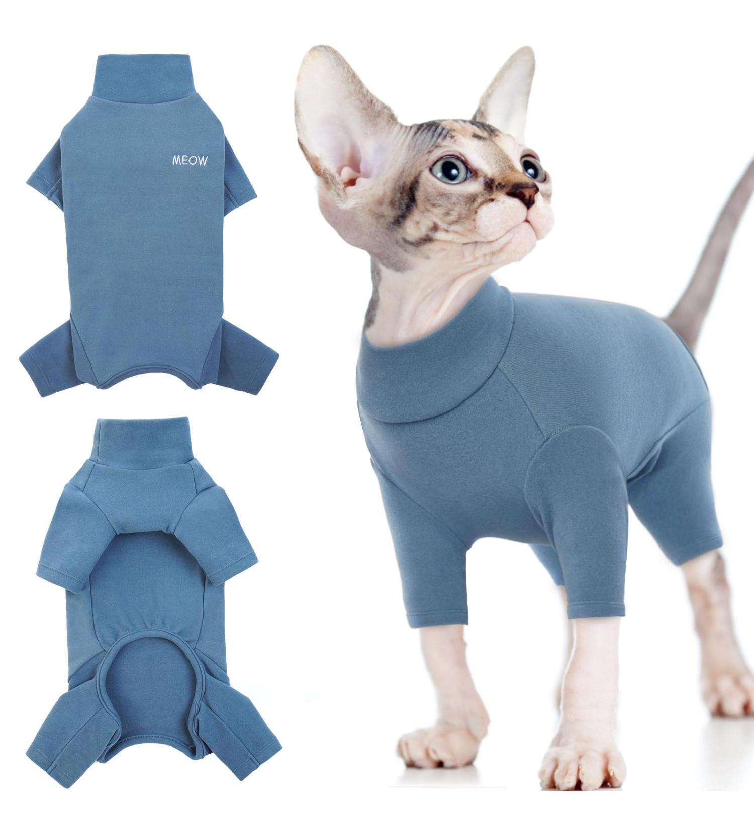 Warm Winter Sweater & Vest for Sphynx Cats - Knitted Jumpsuit & Coat for Hairless Cats (Blue Size S) - Buy Online on GoSupps.com