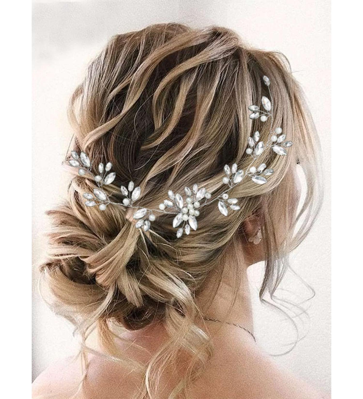Crystal Bride Wedding Hair Vine | Silver Pearl Bridal Headpiece with Rhinestones | Hair Accessories for Women - Buy Online on GoSupps.com