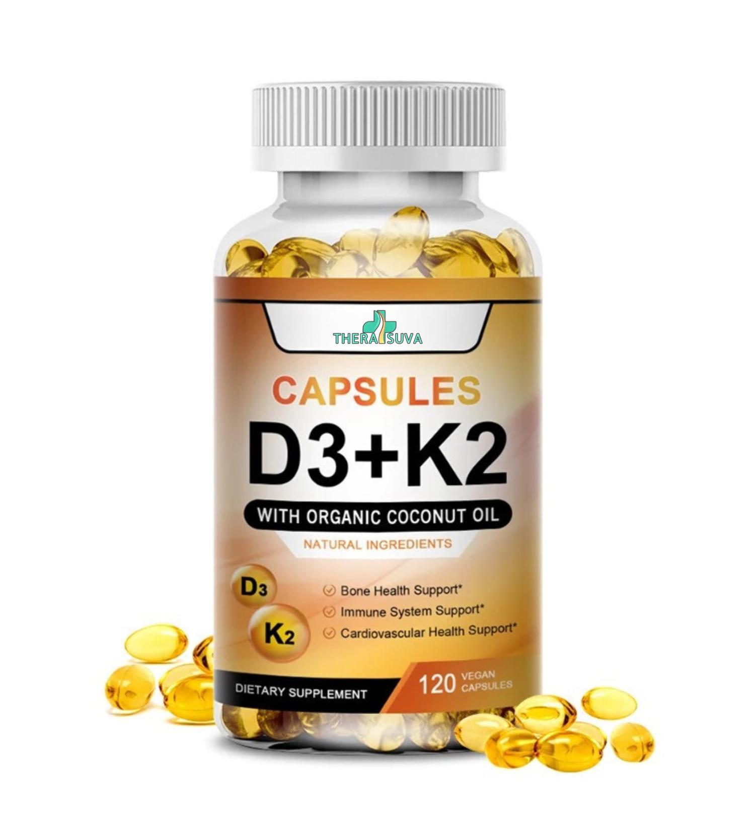 TheraSuva High Potency Vitamin D3 5 000 IU + K2 Vegan Non-GMO with Organic Coconut Oil for Better Absorption Bone & Heart Support 2 Month Supply 120 Softgels - Buy Online on GoSupps.com