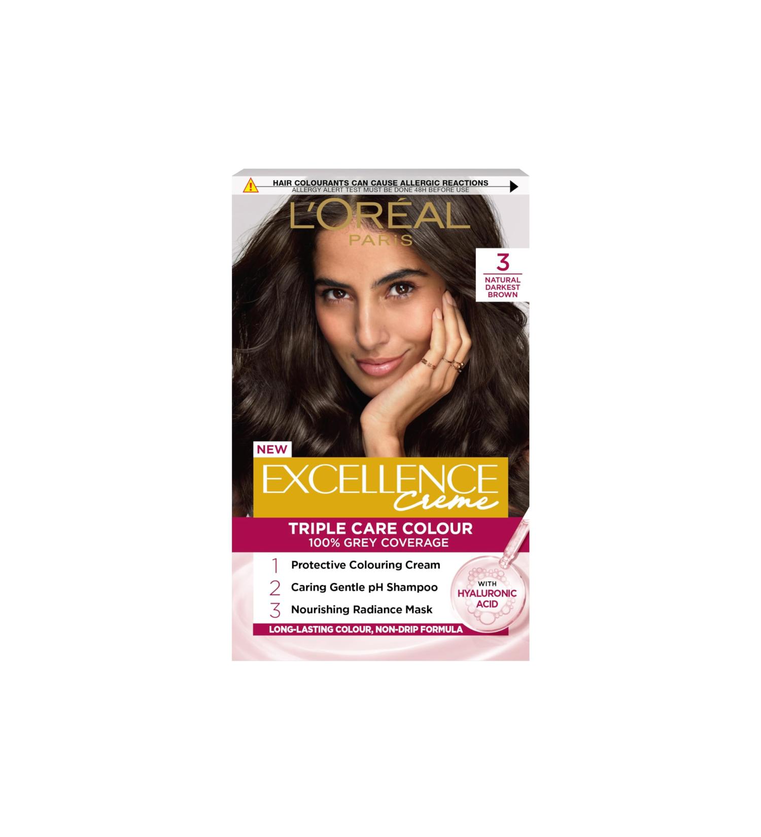 L'Or al Paris Excellence Cr me Permanent Hair Dye Radiant At-Home Hair Colour with up to 100% Grey Coverage Pro-Keratin Up to 8 Weeks of Colour Colour: 3 Natural Darkest Brown - Buy Online on GoSupps.com