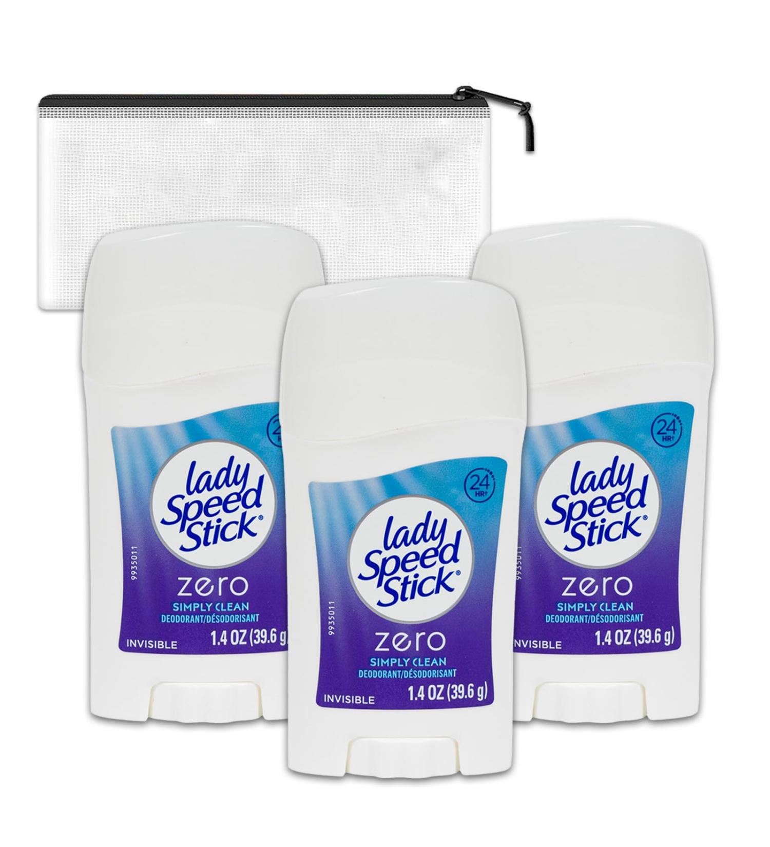 Lady Speed Stick Zero Simply Clean Deodorant for Women Travel Pack - 3 Pack Zero Simply Clean Deodorant Travel Size 1.4 Oz Bundle with Bag | Travel Size Deodorant for Women