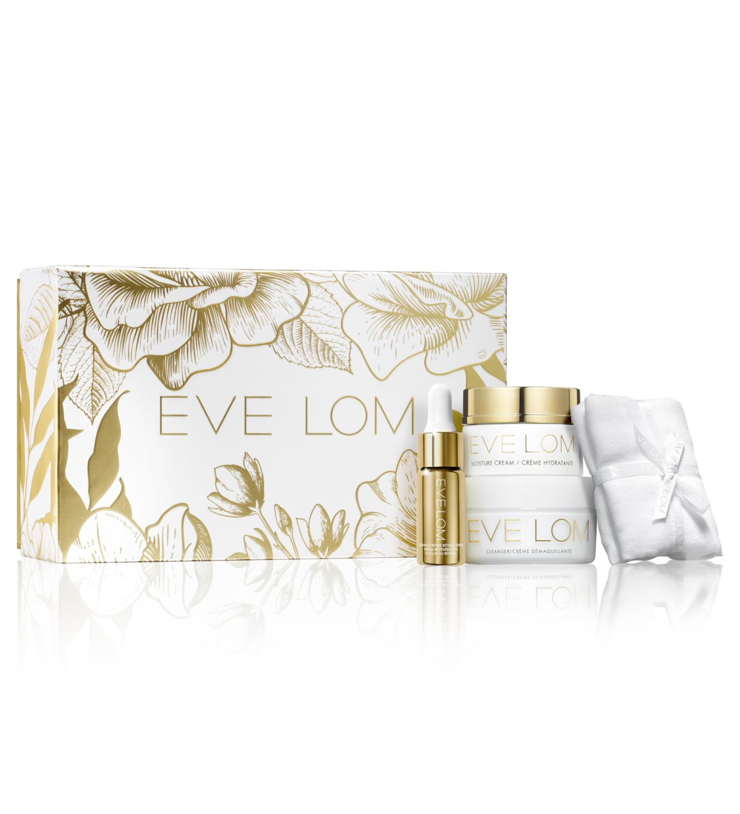 EVE LOM Radiant Renewal Ritual Set | includes 50ml Cleanser Muslin Cleansing Cloth 9.5ml Radiance Repair Retinol Serum 30ml Moisture Cream 4 piece holiday Multicolor