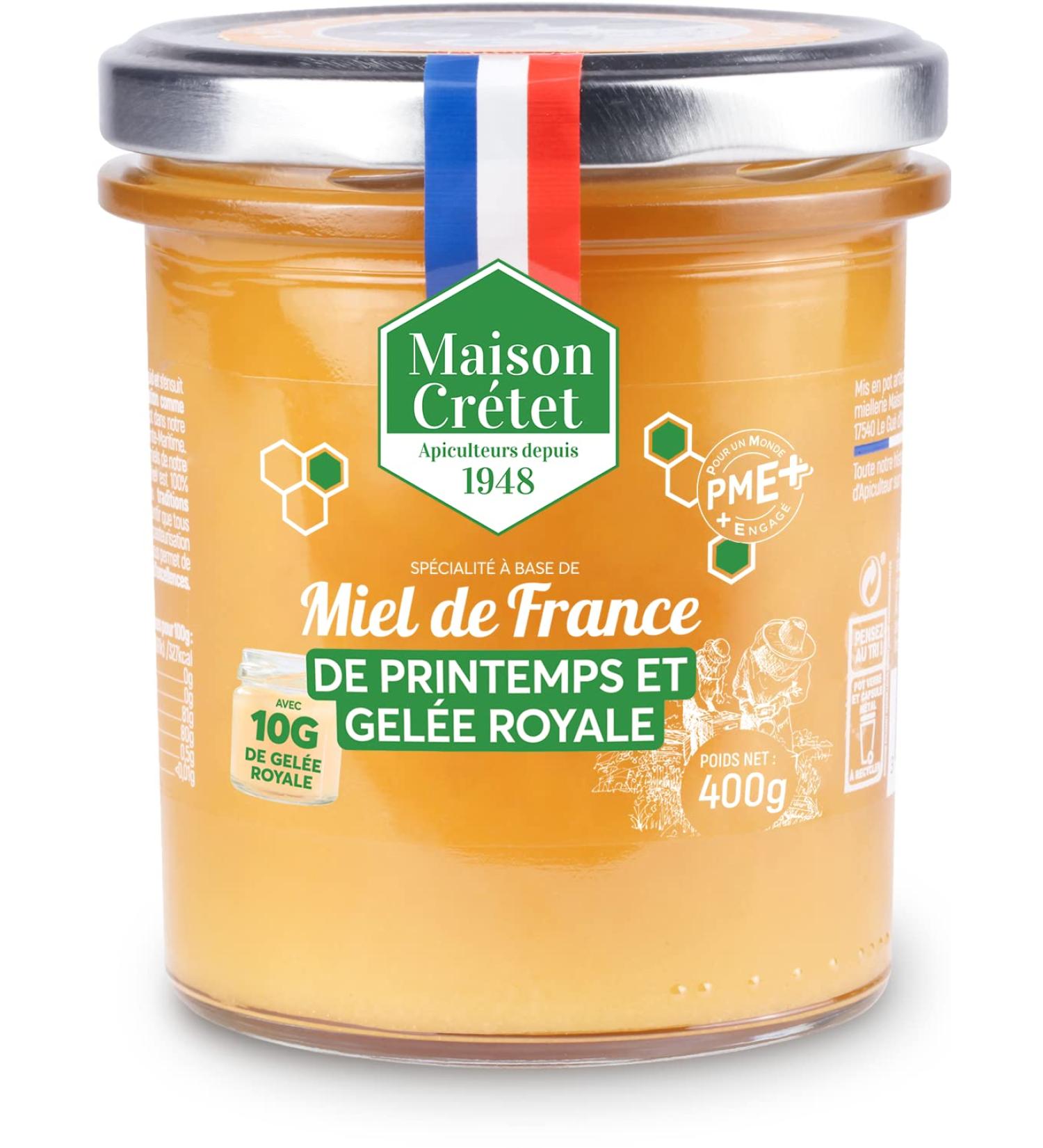 Maison Cr tet | Spring French Honey and Royal Jelly | Unpasteurized honey harvested in France in glass jar | preparation in 400G jar