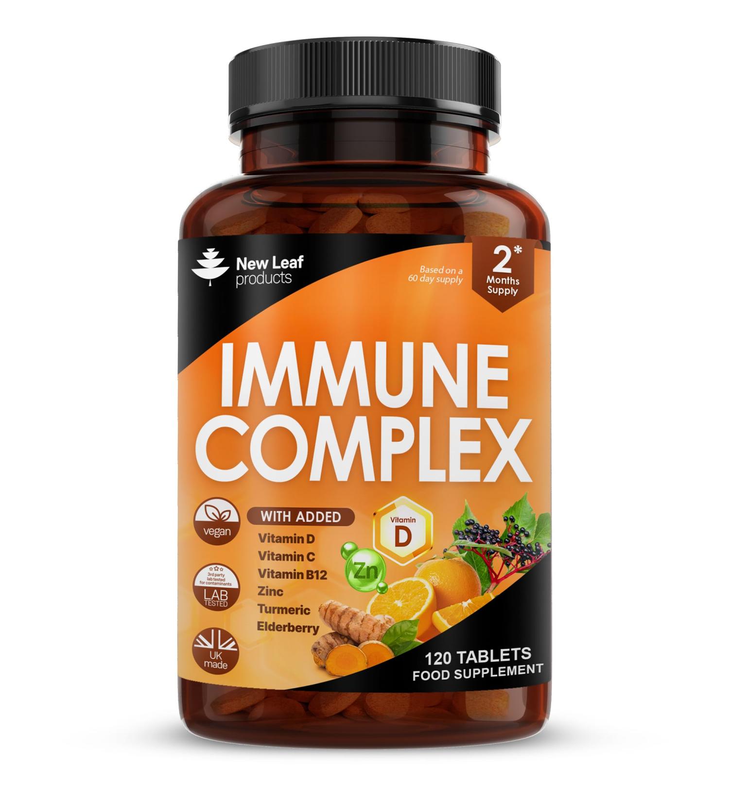 Vitamin D Tablets - Immune Booster Complex - Enriched with Immune System Vitamins C D B12 Zinc Turmeric & Elderberry - Immune Support Made in The UK Immunity Booster by New Leaf 120 Tablets - Buy Online on GoSupps.com