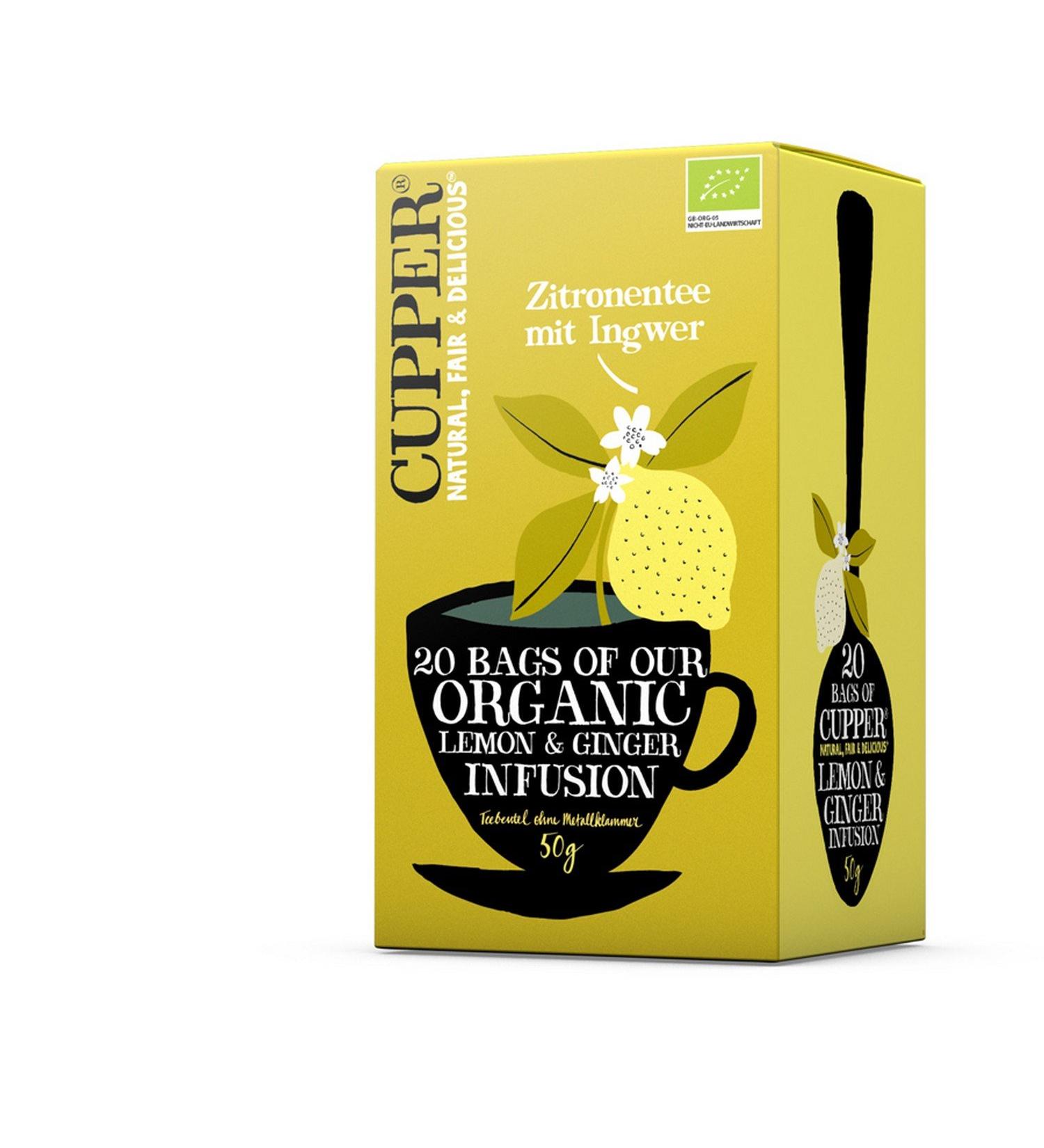 CUPPER Lot de 20 sachets de th au citron au gingembre 50 g