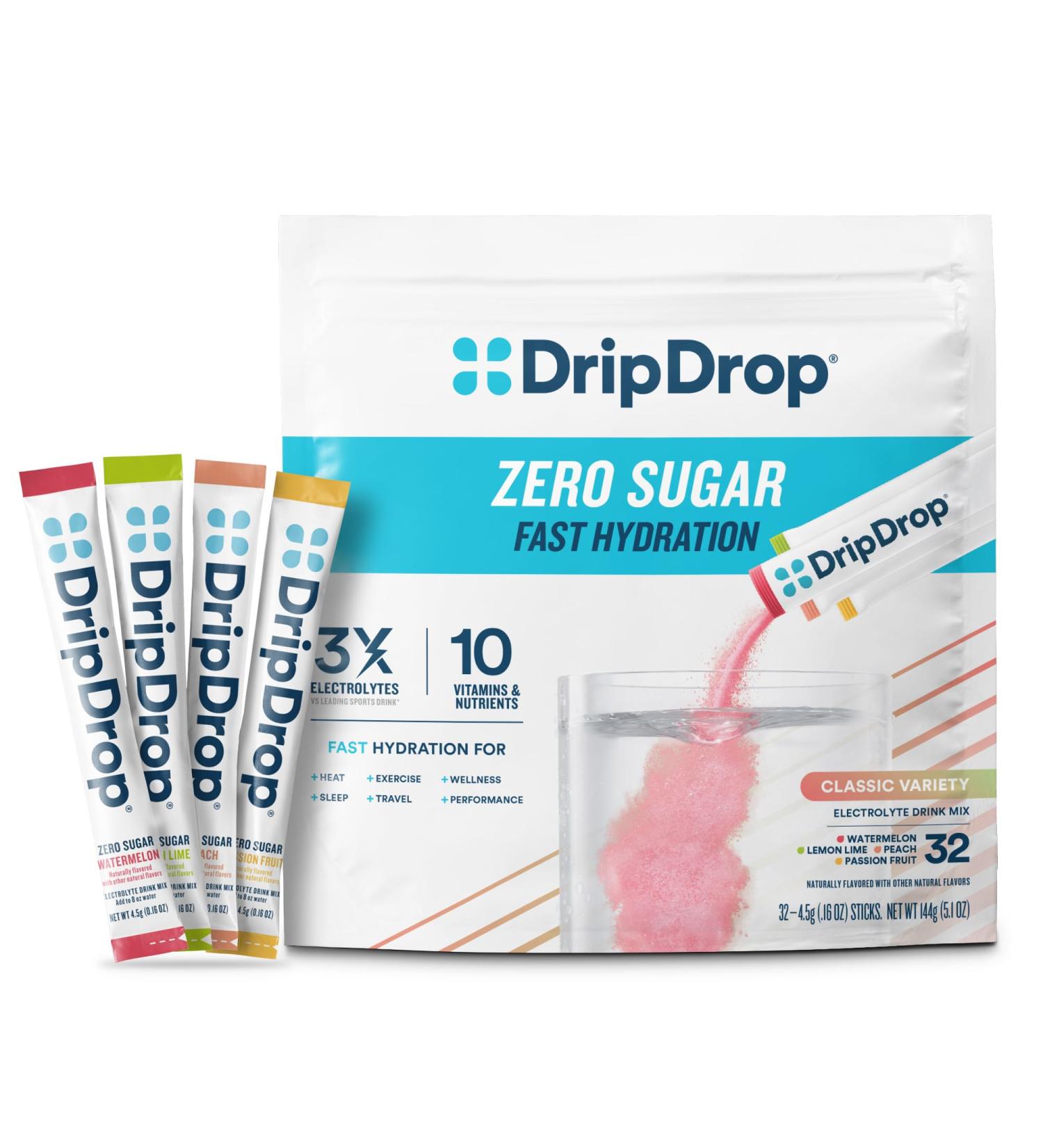 DripDrop Sugar Free Hydration Packets - Zero Classic Variety Pack - Single Serve Electrolytes Powder Drink Mix - Lemon Lime Watermelon Peach Passion Fruit - Non-GMO Gluten Free Vegan - 32 Sticks Classic Variety Pack 32  - Buy Online on GoSupps.com