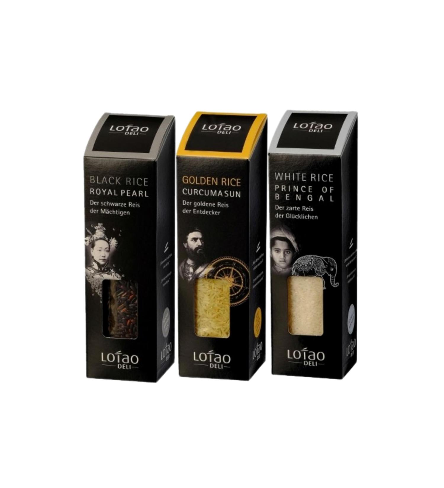 Exotic Lotao Deli Reis Set II - 3x300g Organic Rice: Royal Pearl Black Curcuma Sun Golden Prince of Bengal Mix | High-Quality Test Set for Gourmet Cooking - Buy Online on GoSupps.com