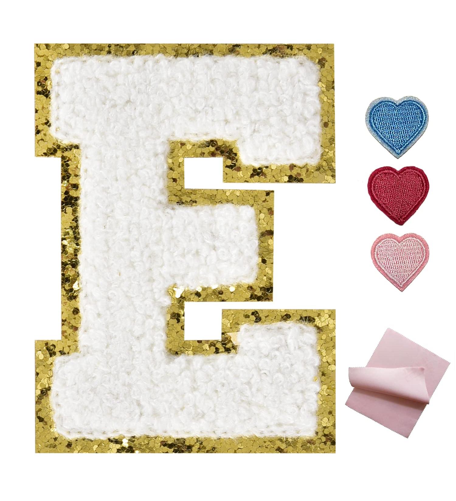 Glitter White Iron on Letter Patches for Clothing - 6 Pieces, 3.14 inch E with Golden Edge - Perfect for Jackets - Buy Online on GoSupps.com