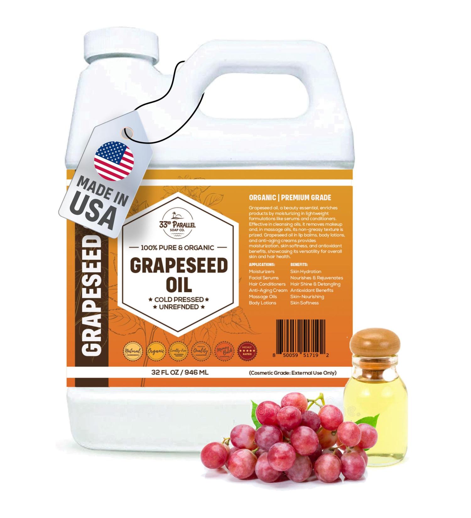 Organic GRAPESEED Oil (32 oz) Cold Pressed Unrefined | 100% Pure Natural, Non-GMO | Available in Bulk | Skin, Hair, Face, Carrier for Essential Oils, Soap Making | 32 FL OZ - Buy Online on GoSupps.com