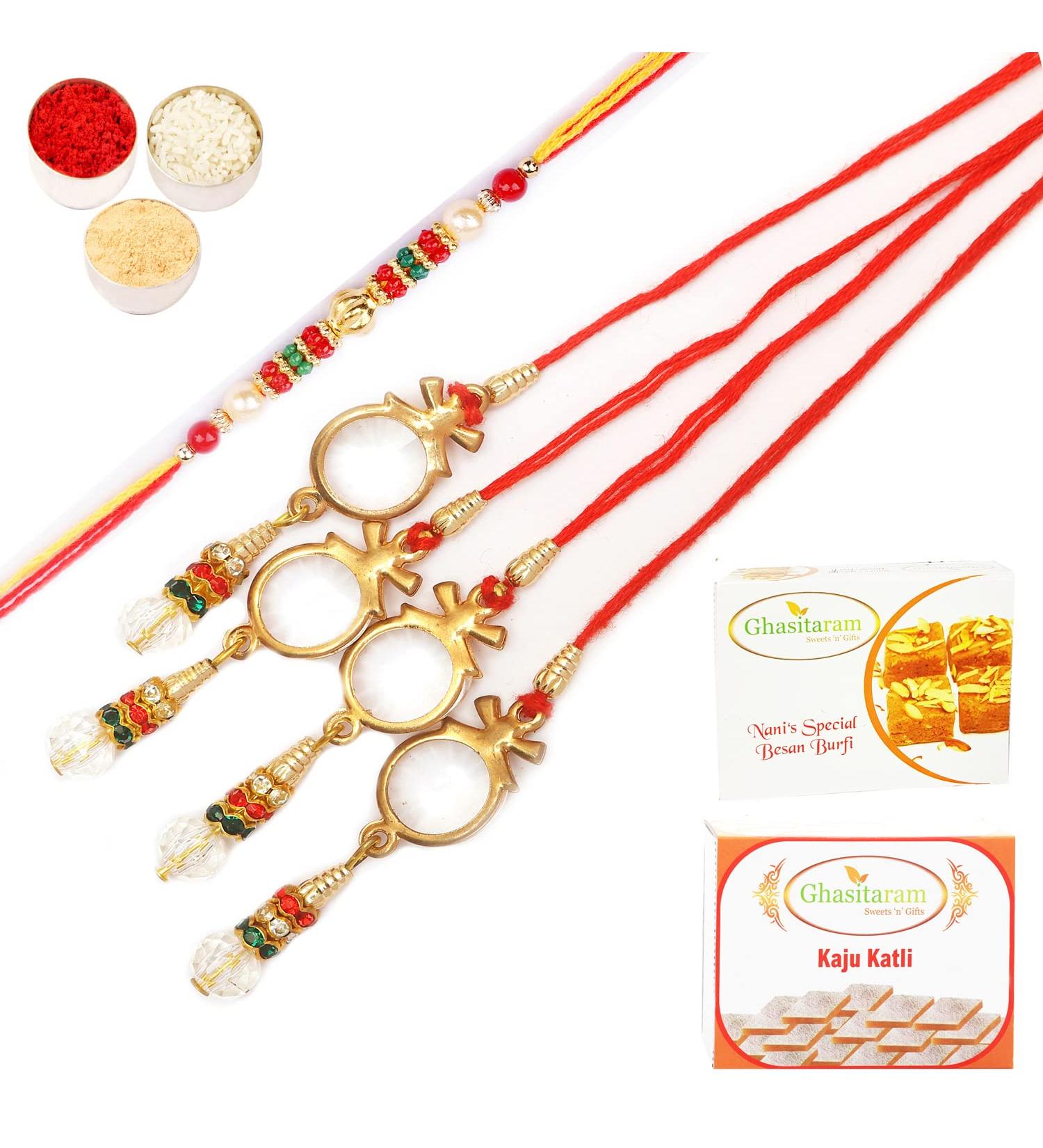 Ghasitaram Gifts Rakhis Online - Rakhi for Brother- Crystal Bhaiya Bhabhi Rakhi with 200 GMS of Besan Barfi and 200 GMS of Kaju Katli Rakhi Set with 200 gms of Besan Barfi & Kaju Katli - Buy Online on GoSupps.com