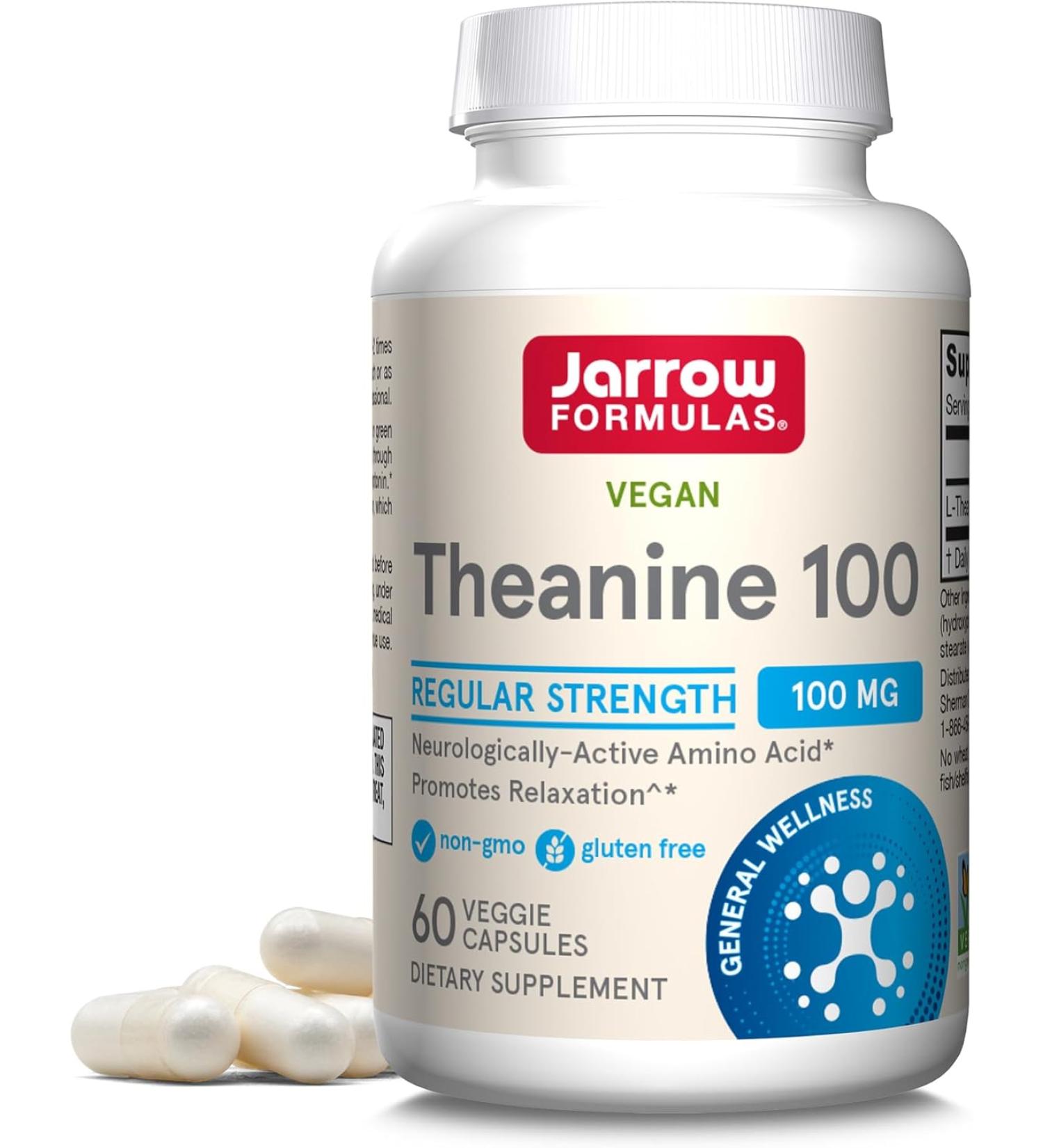 Jarrow Formulas Theanine 100 - 100 mg, 60 Veggie Caps | Calm & Focus Supplement - Buy Online on GoSupps.com