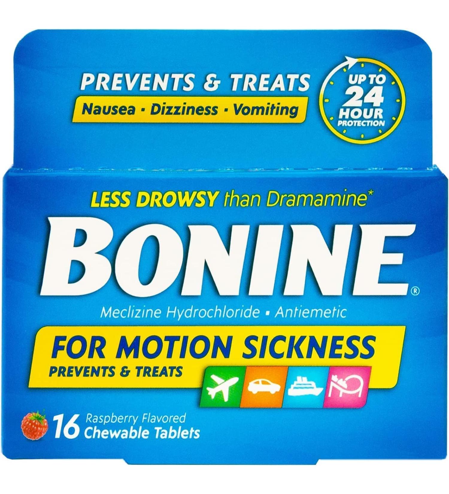 Bonine Chewable Tablets for Motion Sickness - Raspberry Flavored 16 Tablets (3 Pack) - Buy Online on GoSupps.com