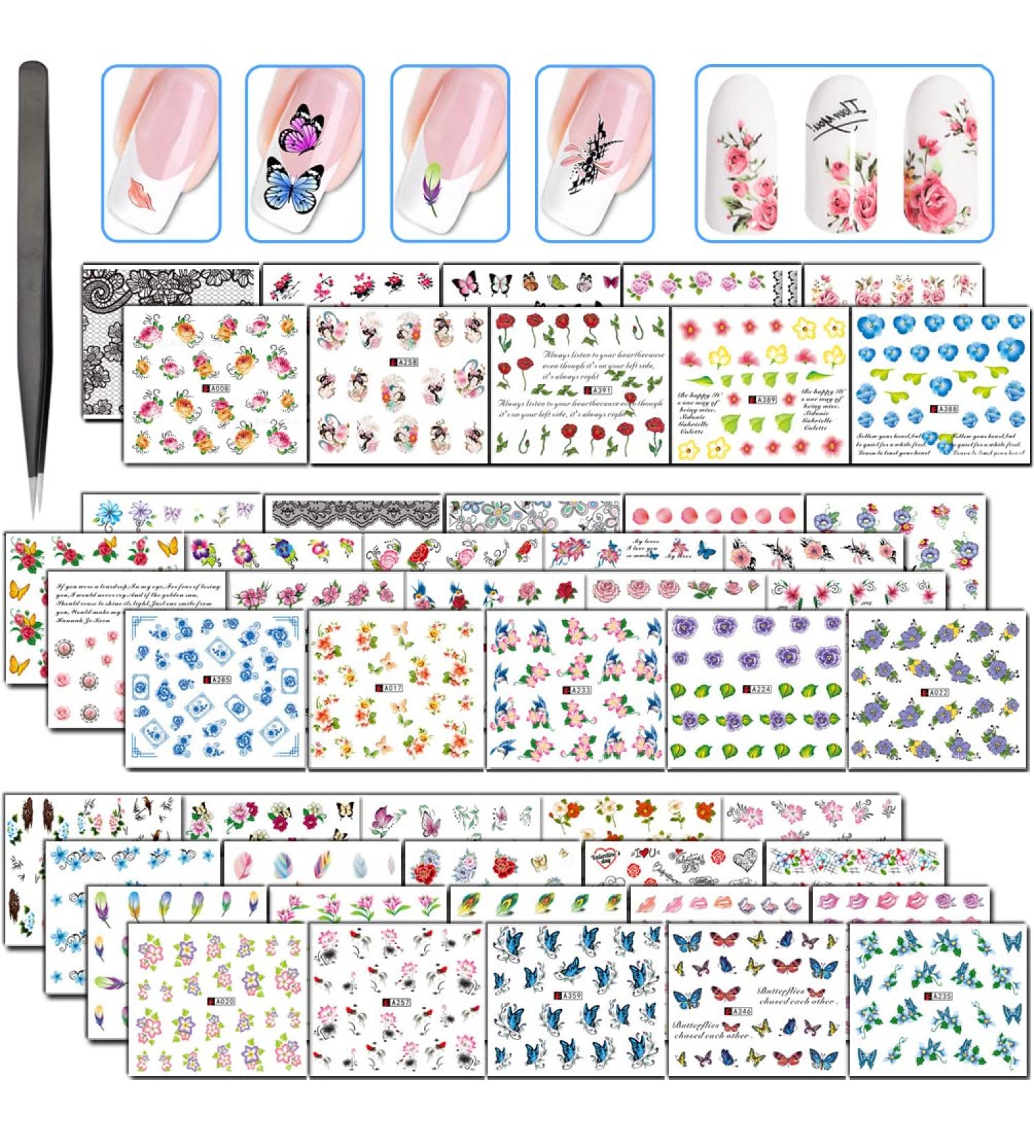 KINGMAS 50 Sheets Nail Art Stickers - Colorful Flower & Butterfly Water Transfer Decals for DIY Nail Design - Manicure Tips Decor - Classic Style - Buy Online on GoSupps.com