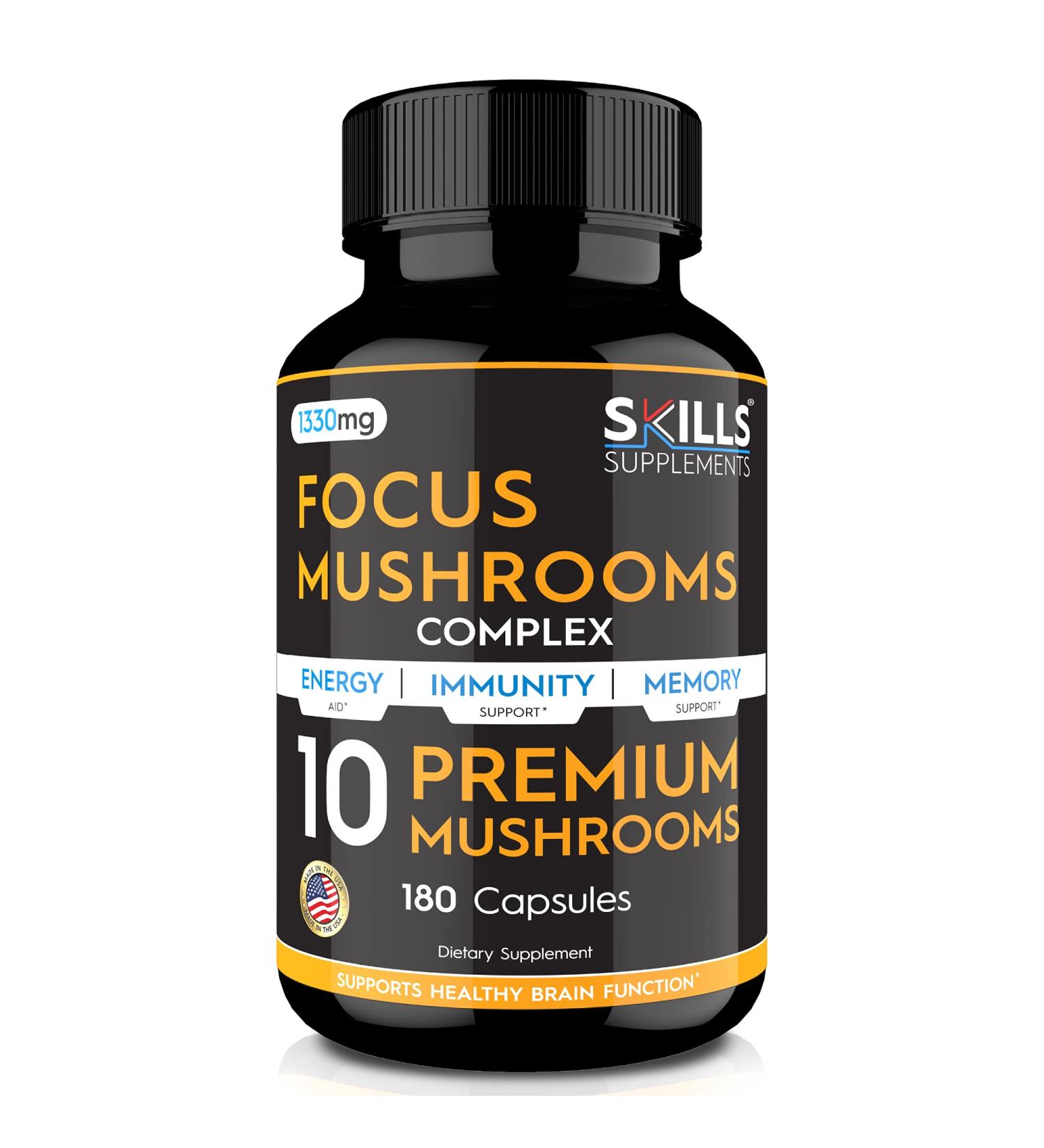 Skills Mushroom Supplement - 180 Capsules | Nootropic Brain Complex with Lions Mane, Cordyceps, Reishi, Shiitake - Immunity, Stress Relief & Memory Support - Buy Online on GoSupps.com