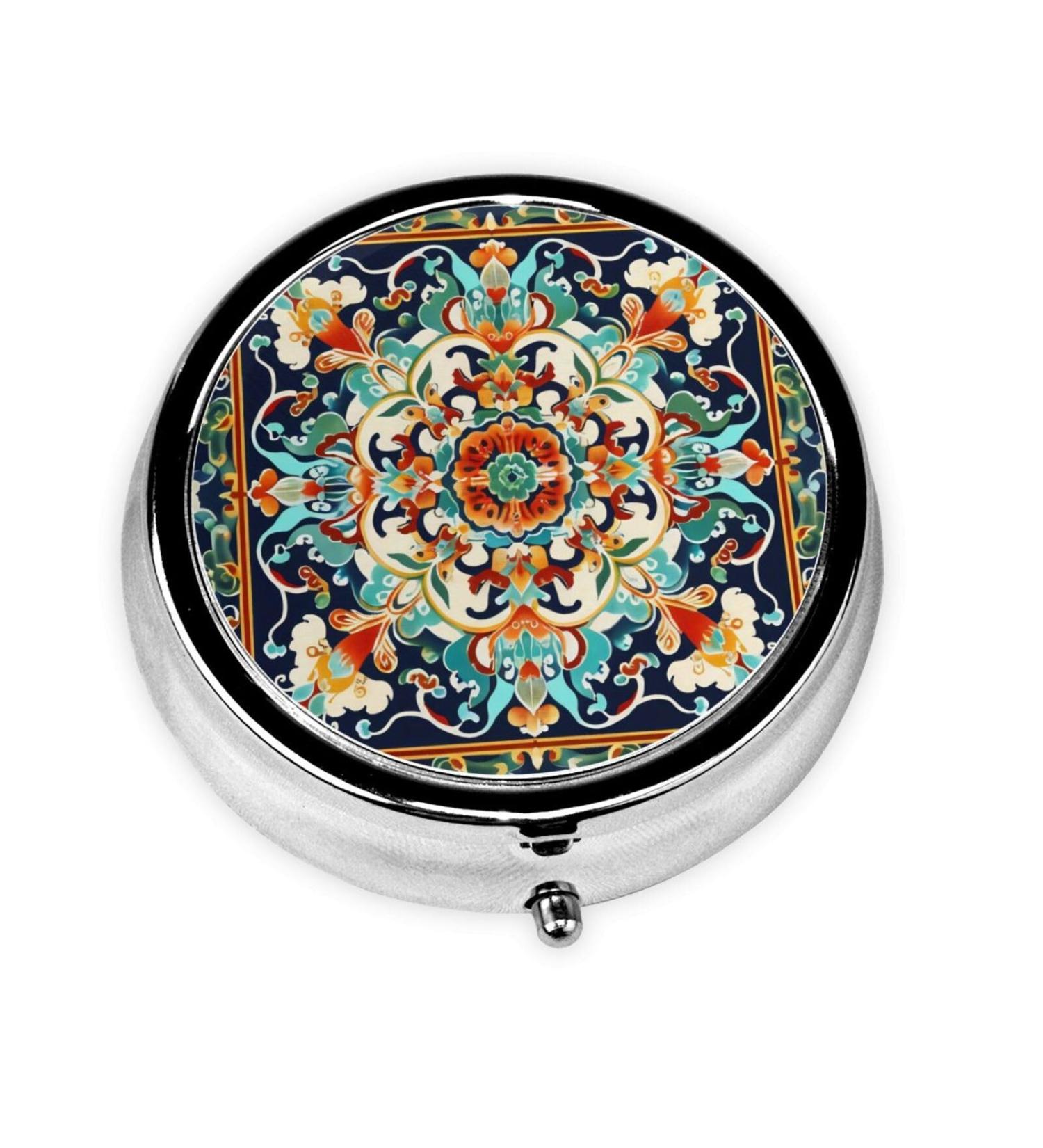 Colorful Floral Patterns Portable Metal Pill Box | Round Mini 3-Compartment | Ideal for Travel & Small Pills - Buy Online on GoSupps.com