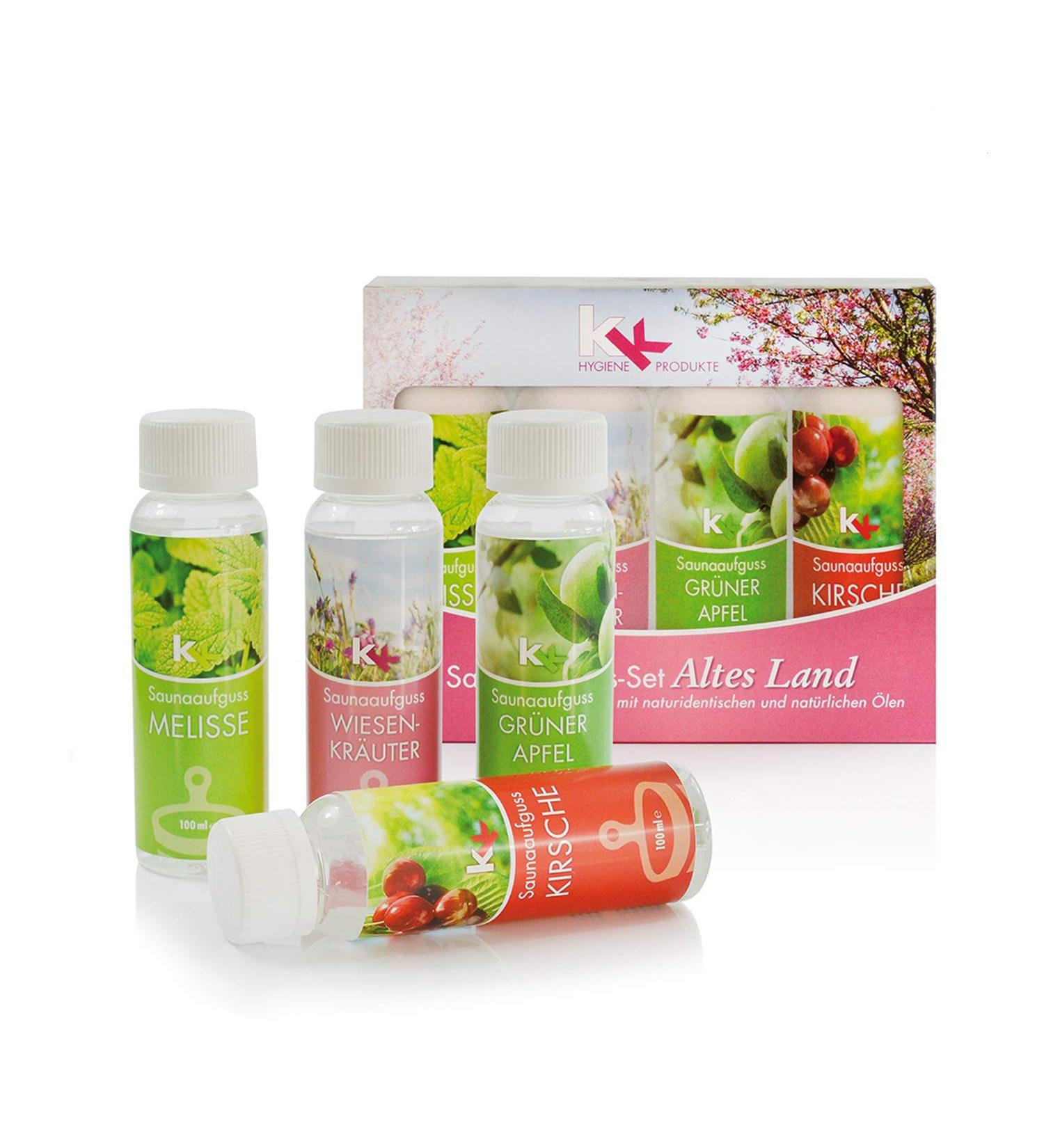 KK Sauna Infusion Set - Altes Land | Made in Germany | 4 Fragrances: Lemon Balm Meadow Herbs Green Apple Cherry | 100ml Bottles | International Shipping - Buy Online on GoSupps.com
