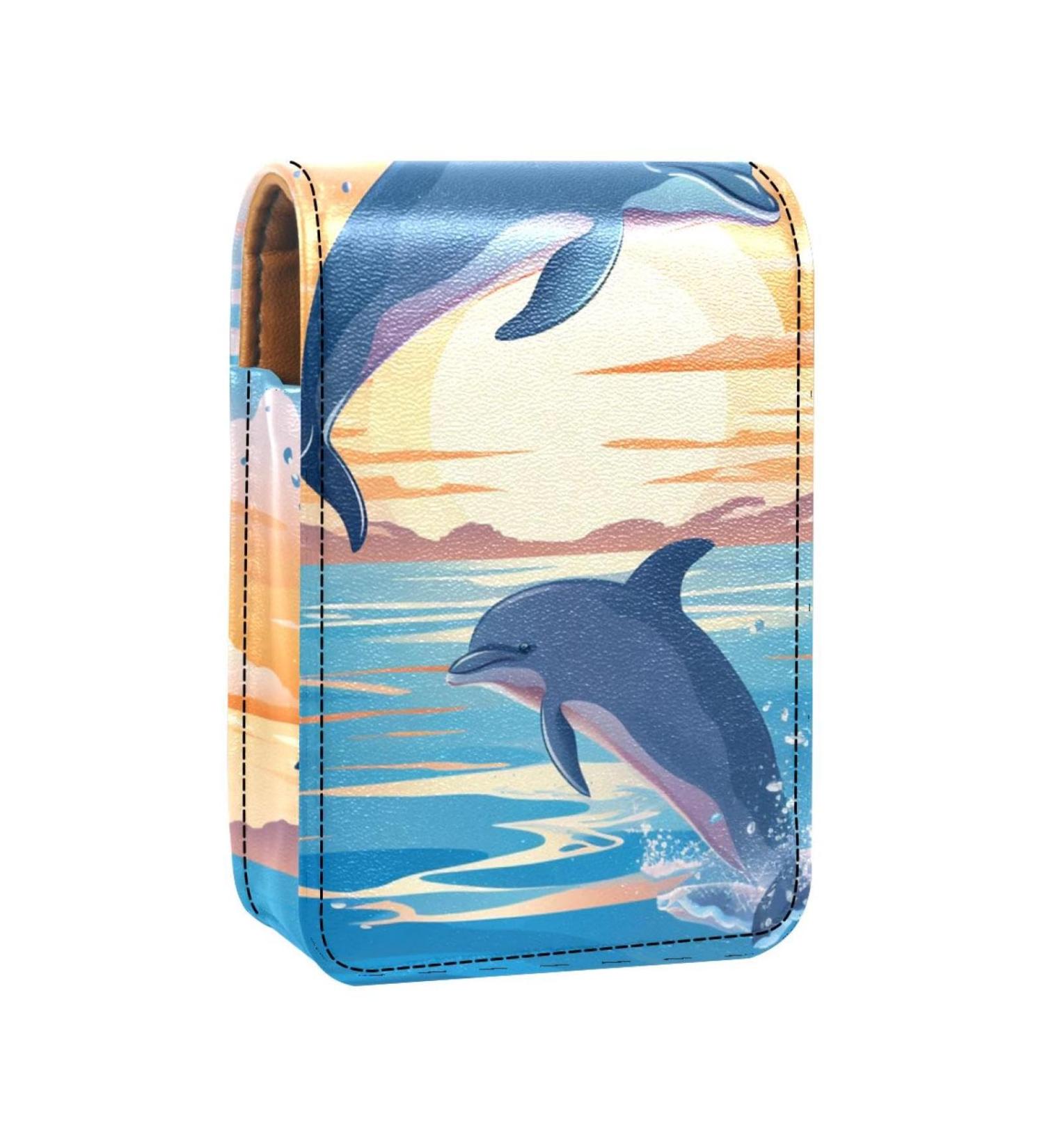 Travel Lipstick Organizer Case with Mirror - Portable Makeup Bag for Lipsticks - Sea Dolphins Jumping Moon Design - Buy Online on GoSupps.com
