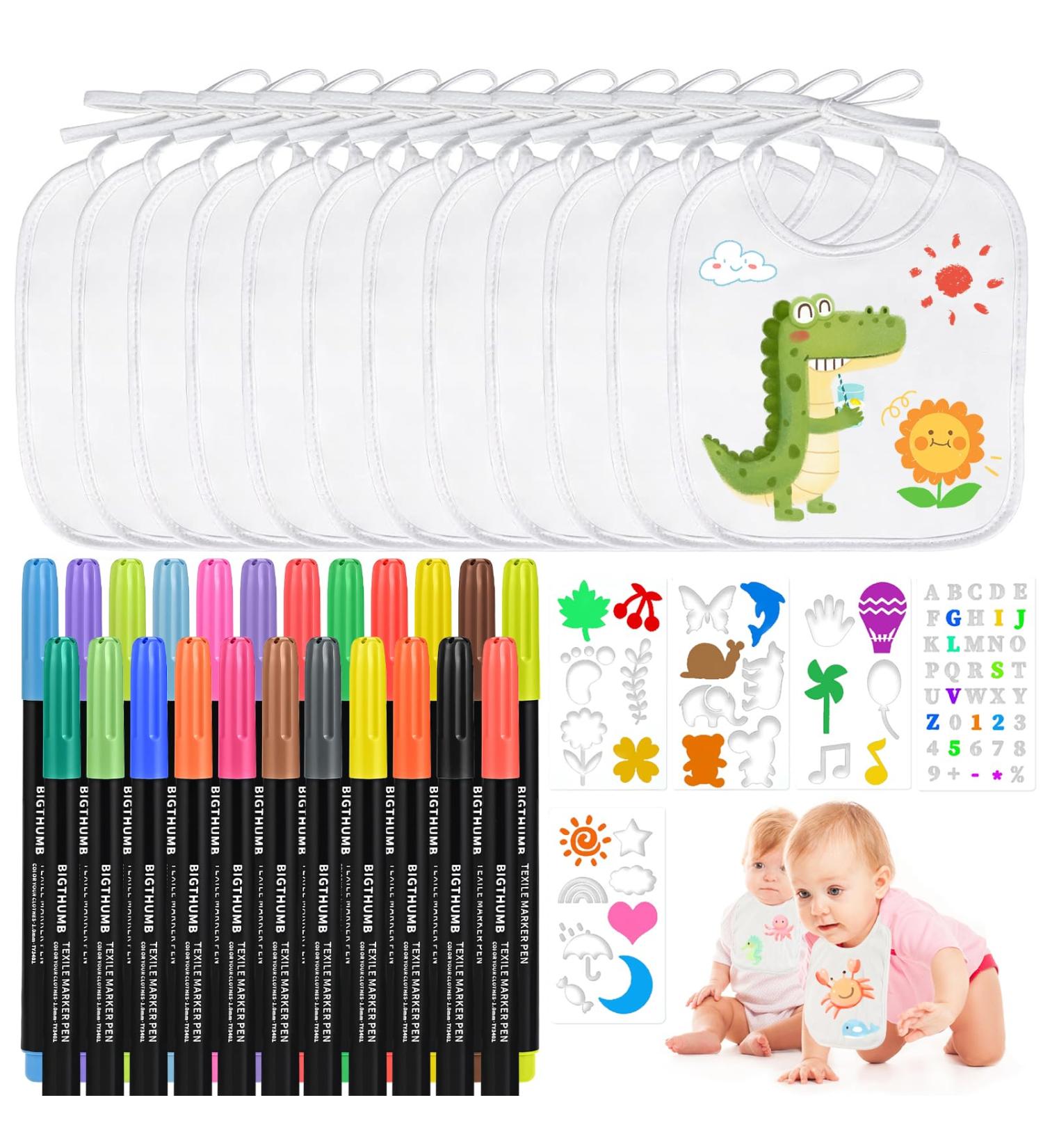 Tigvio Baby Bibs Set - 12 Colorful Customizable Bibs with 24 Textile Pens & 5 Stencils for Baby Showers Gender Reveals & Parties - Buy Online on GoSupps.com
