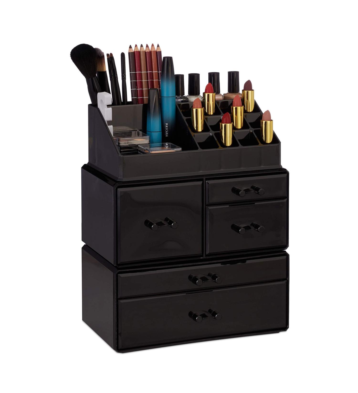 Relaxdays Makeup Organizer - 21 Compartment Acrylic Cosmetic Tower for Lipstick & Nail Polish - Black - Buy Online on GoSupps.com