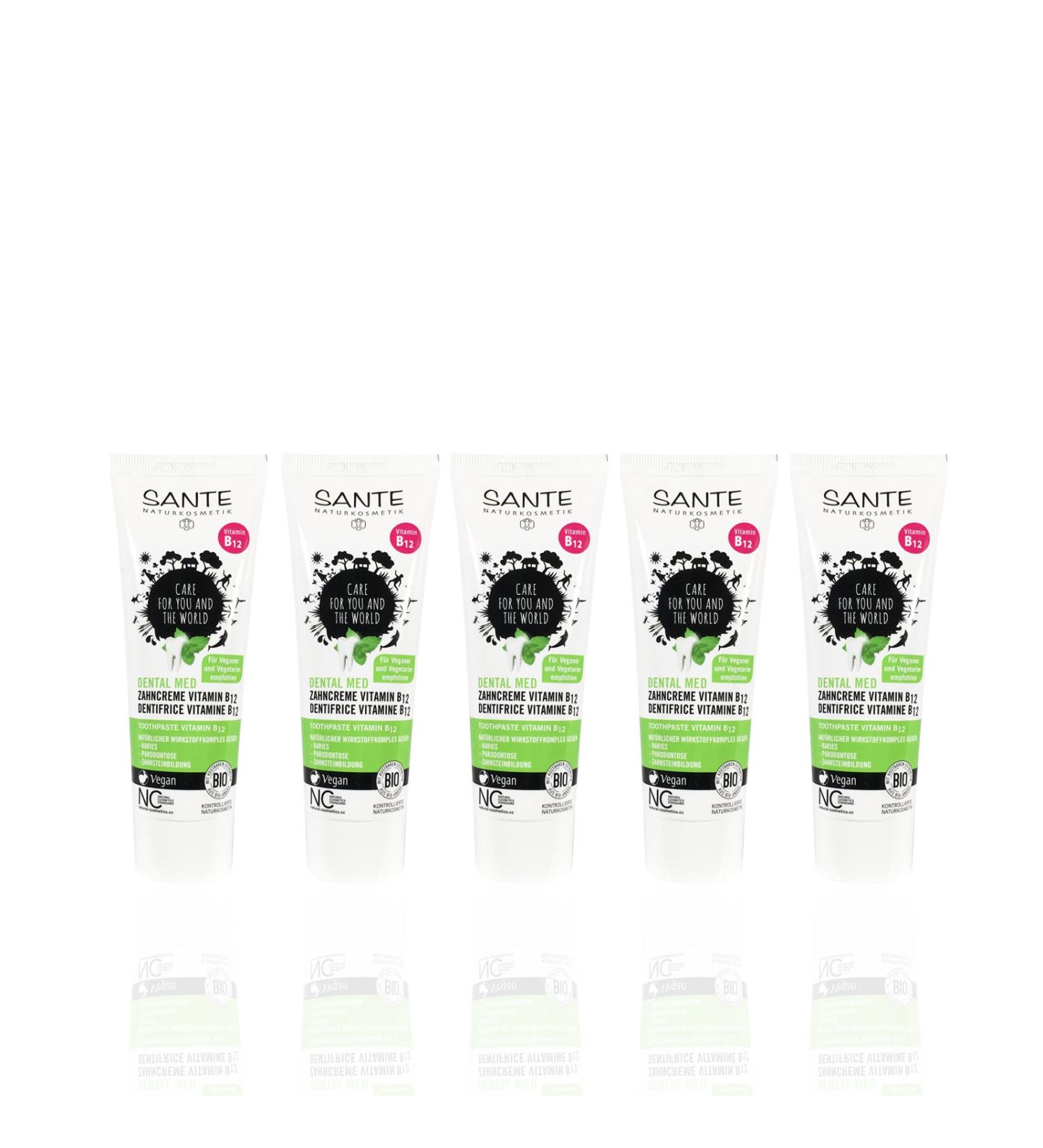 SANTE Vitamin B12 Toothpaste (5 x 75 ml) - Organic Vegan Fluoride Toothpaste with Sage & Lemon Flavor | Natural Cosmetics for Healthy Teeth - Buy Online on GoSupps.com