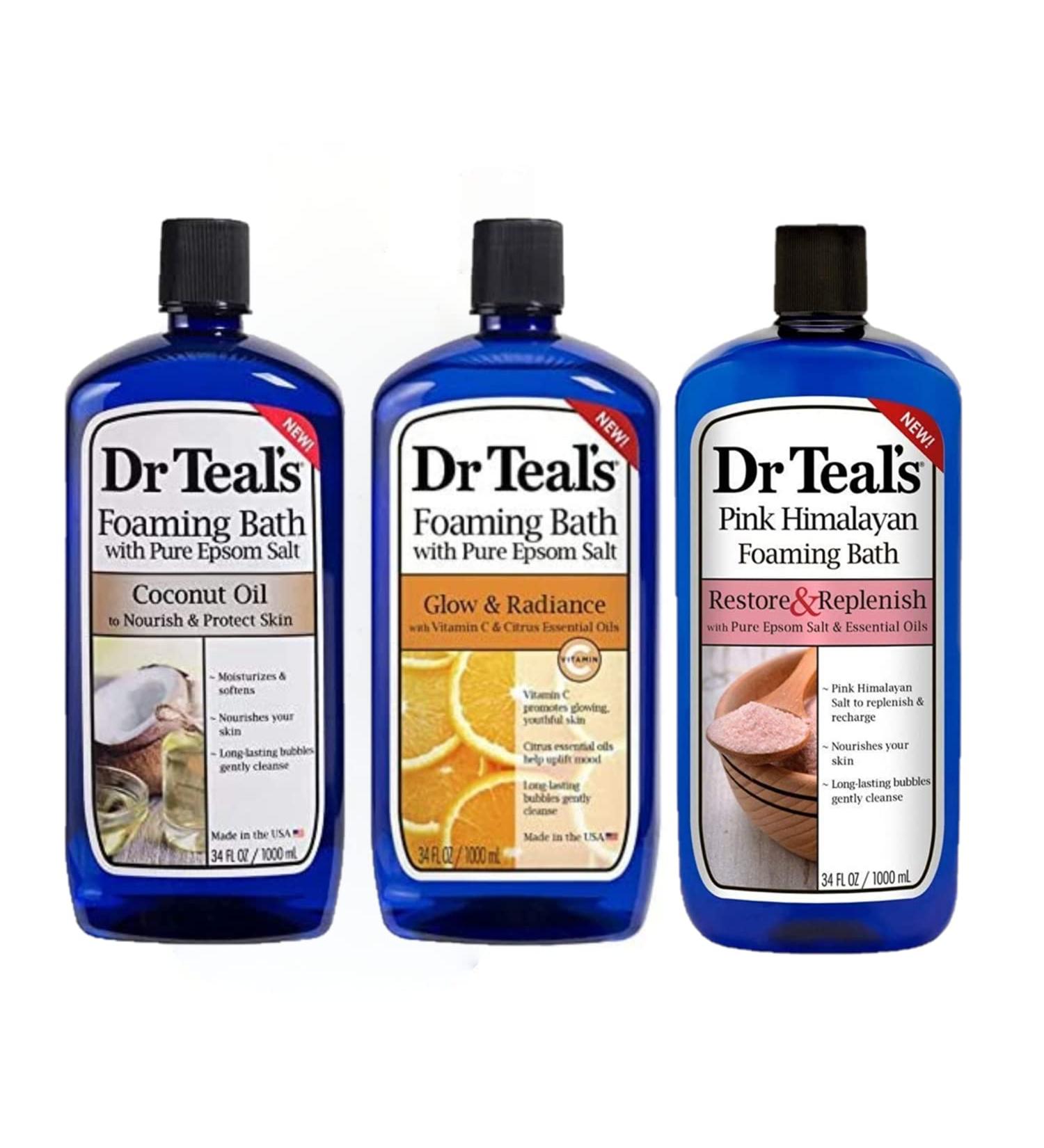 Dr Teal's Foaming Bath Variety Gift Set (3 Pack, 102 fl oz) - Coconut Oil, Glow & Radiance, and Pink Himalayan Foaming Bath Gift Set - at Home Skin Relief Spa Kit
