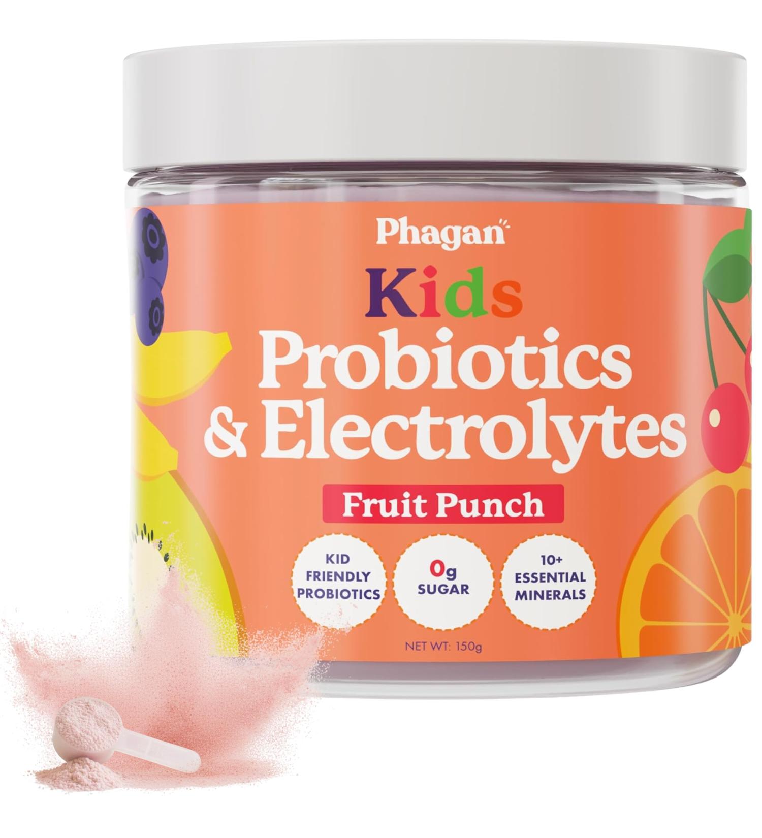Phagan Kids Electrolyte + Probiotic Powder - Dual-Action Hydration & Immune Support with Zinc - Zero Sugar, Plant-Based Formula for Toddlers & Active Children - Fruit Punch, 30 Servings - Buy Online on GoSupps.com