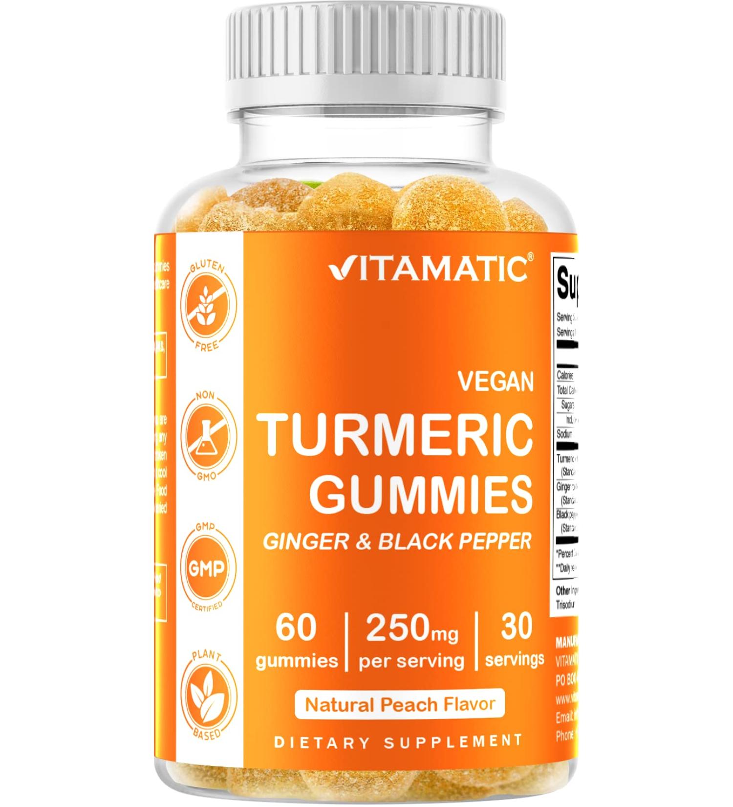 Vitamatic Turmeric Gummies with Ginger & Black Pepper Extract - 95% Curcuminoids - 60 Vegan Gummies - Buy Online on GoSupps.com