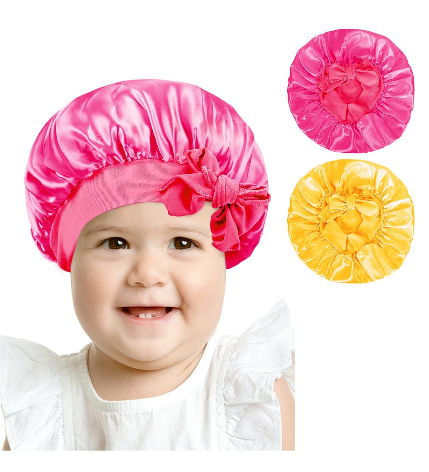 Arqumi Silk Satin Kids Bonnet 2Pcs Set | Soft Baby Sleeping Cap | Adjustable Night Hair Bonnet for Toddlers & Teens - Yellow/Rose - Buy Online on GoSupps.com