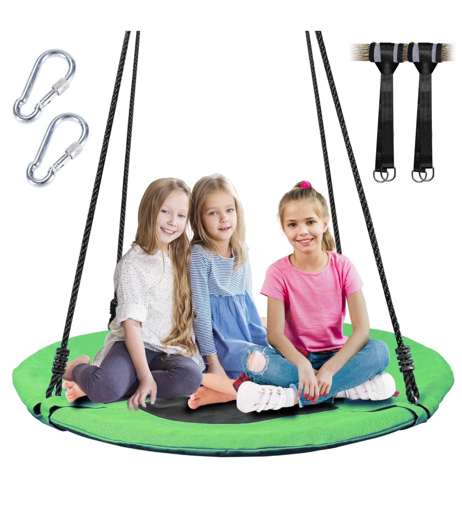 Saucer Tree Swing for Kids - 40 Inch, Green Disc Swing with Hanging Straps Kit, Tree Protector included - Outdoor Fun for Children - Buy Online on GoSupps.com
