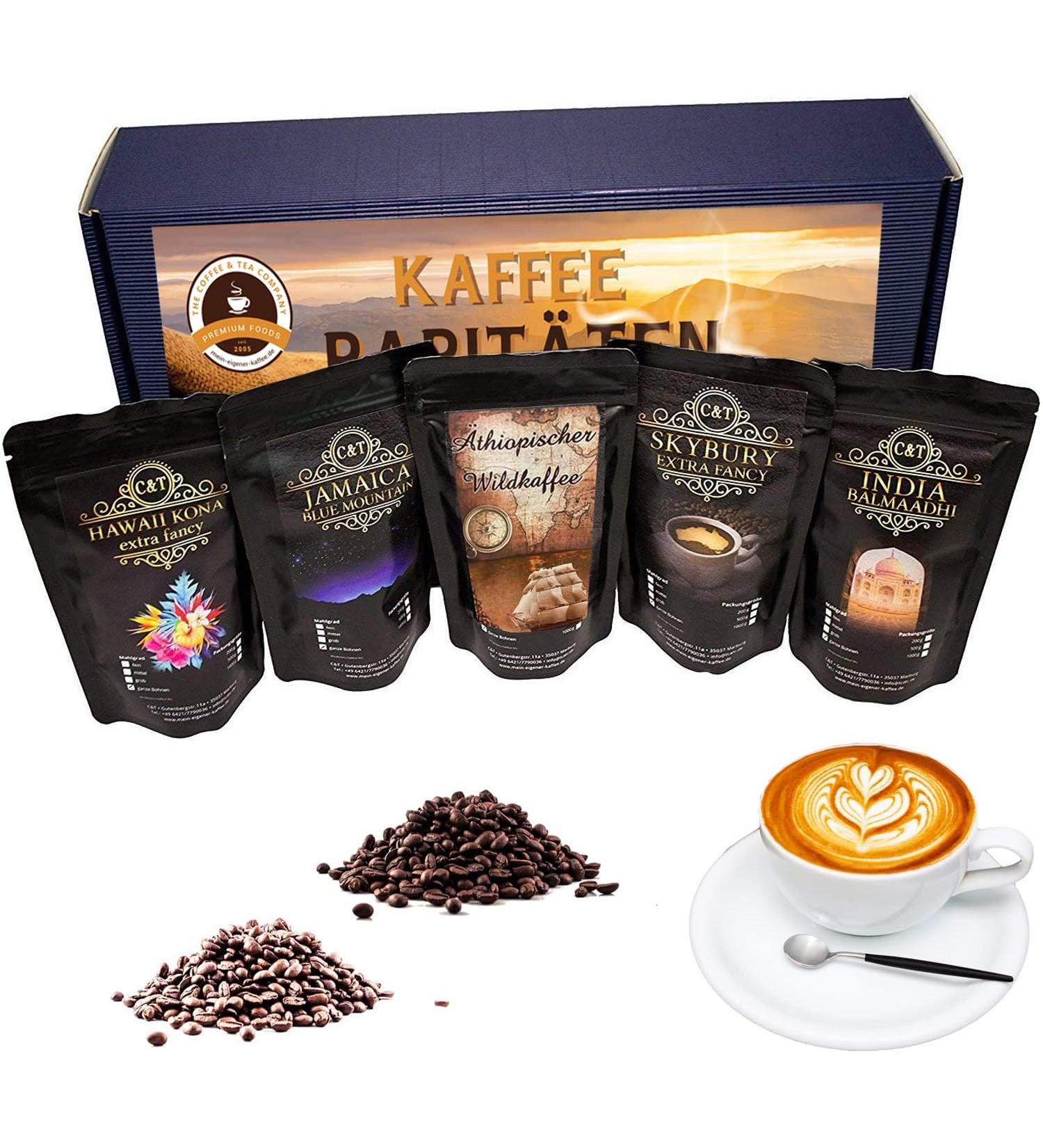 C&T Coffee Gift Box | 5x 100g Coffee Beans | Hawaii Kona Coffee Beans + Jamaica Blue Mountain + Kopi Luwak Cat Coffee + Australia Skybury - India Balmaadhi - Buy Online on GoSupps.com