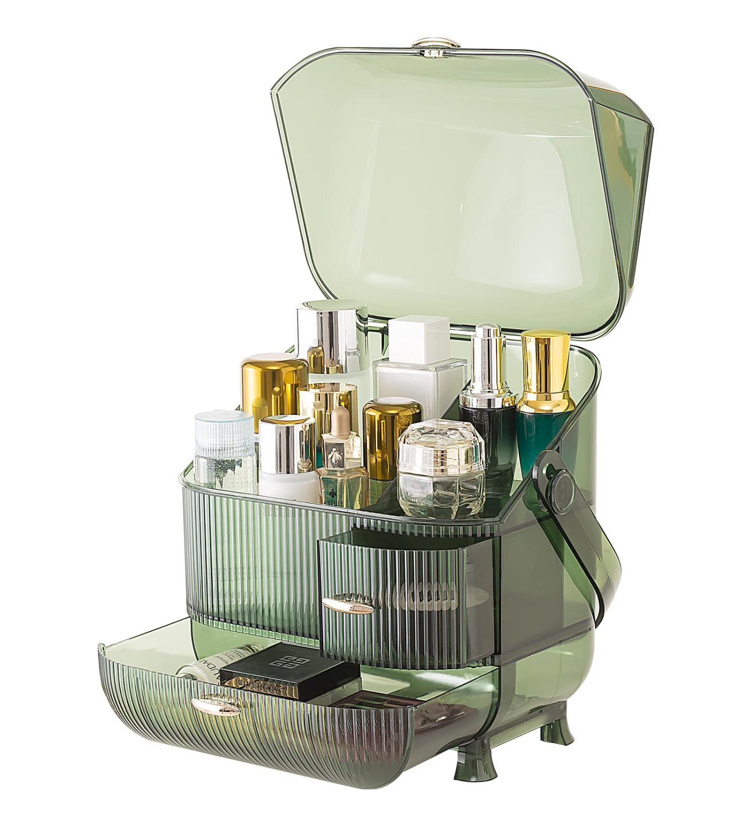 CANITORON Makeup Organizer | Large Capacity Dust & Waterproof Cosmetic Storage | Skincare & Makeup Brush Holder | Clear Green Display Case for Bathroom & Dresser - Buy Online on GoSupps.com
