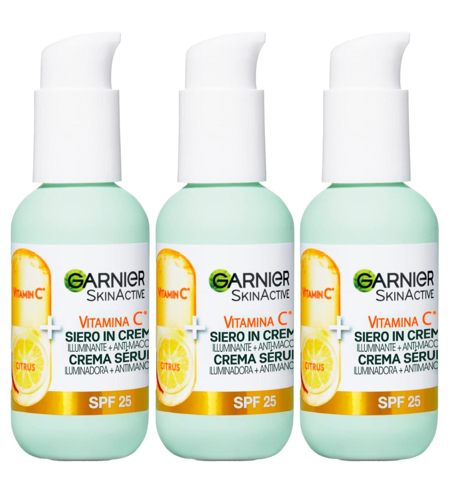 Garnier SkinActive Vitamin C Face Serum in Cream 2in1 Brightening and Anti-Imperfection SPF 25 for Dull and Uneven Skin Formula with Vitamin C and Citrus Extract - 3 Bottles of 50ml - Buy Online on GoSupps.com