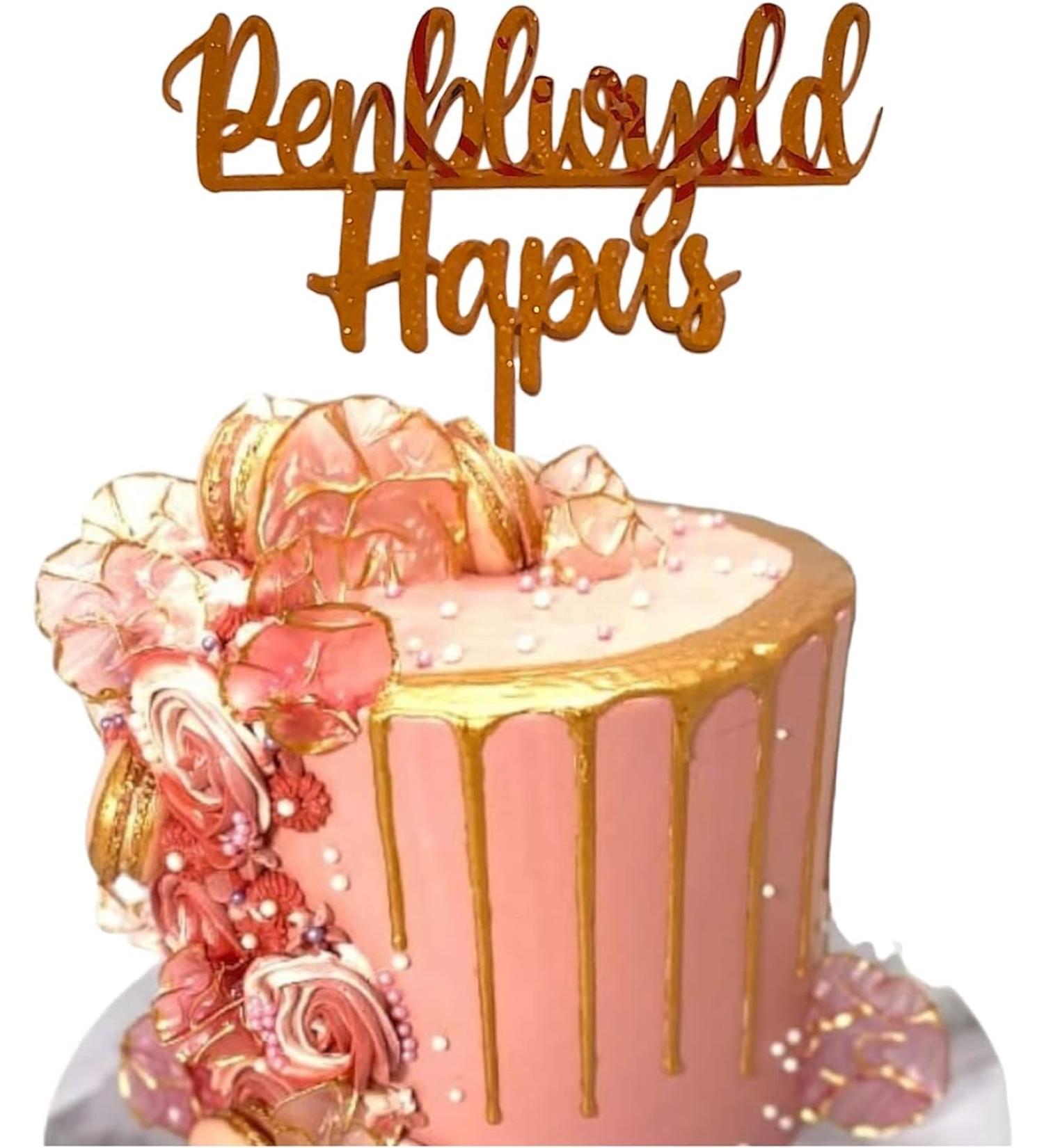Welsh Penblwydd Hapus Cake Topper Custom Welsh Happy Birthday Acrylic Cake Toppers by 3 Little Desserts (GLITTER GOLD)