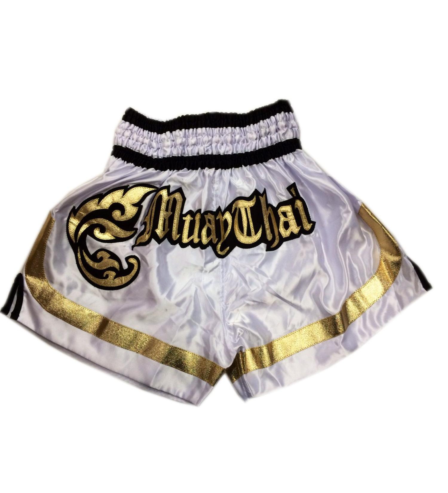 Woldorf USA MMA Boxing Muay Thai Shorts - Satin White/Black/Gold - Small Cut Letters - Buy Online on GoSupps.com