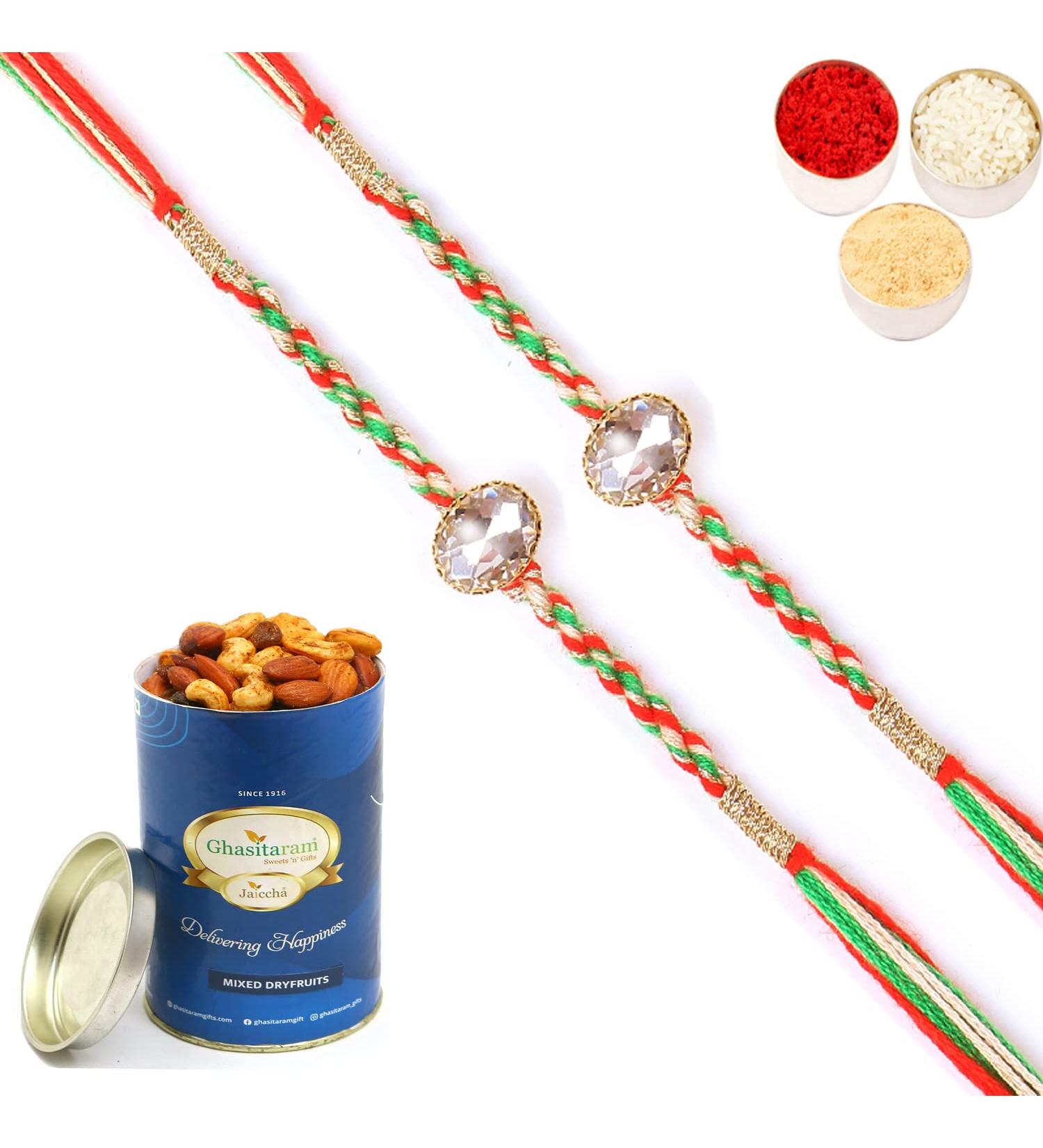 Ghasitaram Gifts Rakhi for Brother Rakhis Online - Set of 2-6377 Fancy Thread Rakhis with 100 GMS of Dryfruits Mix Can - Buy Online on GoSupps.com