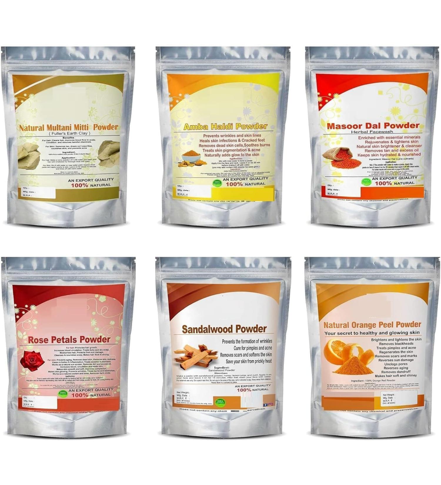 DX Face Pack for Healthy Radiant Skin - Multani Mitti Sandalwood Orange Bind Rose Petals Masoor Dal Amba Haldi Powder (50g each) - Buy Online on GoSupps.com